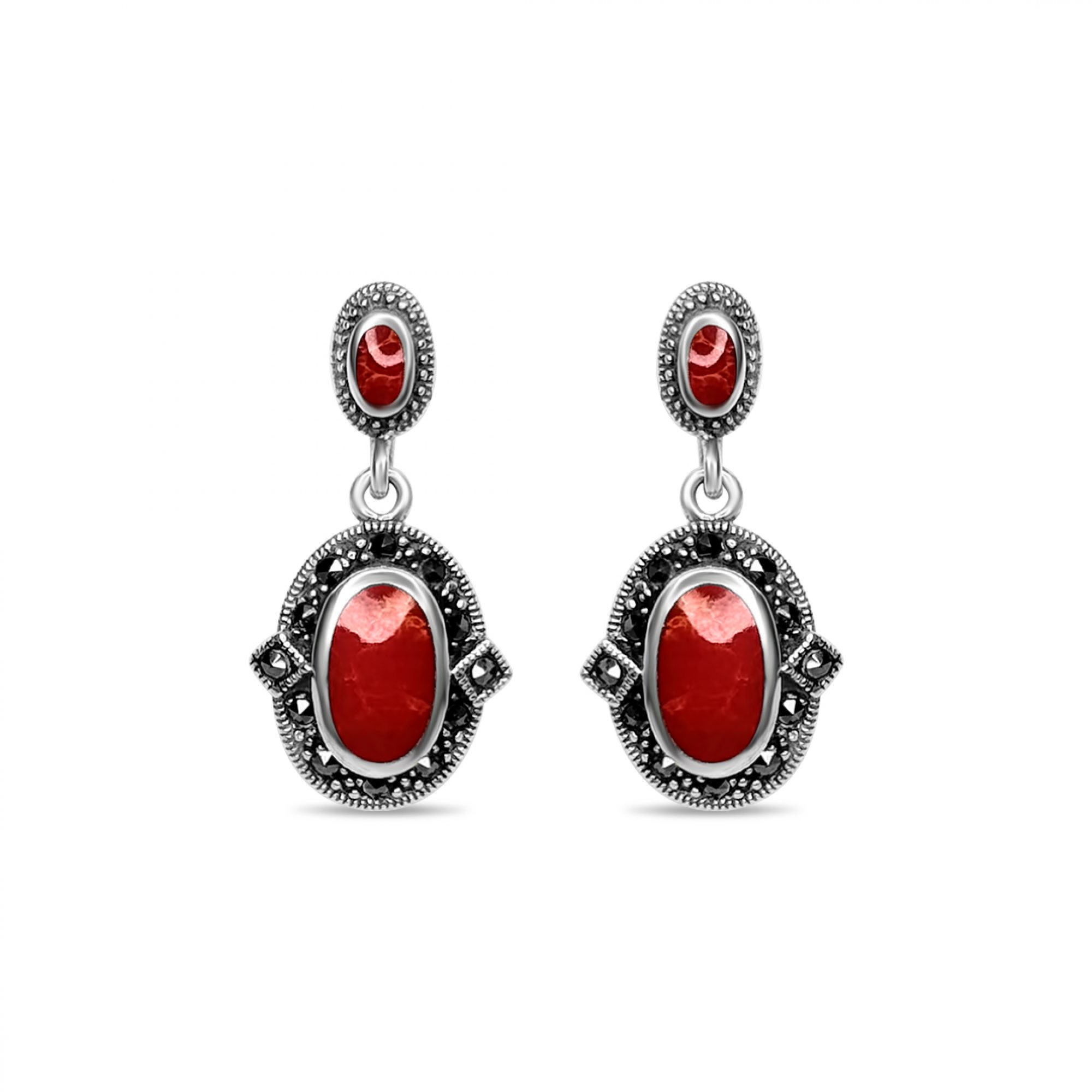 Dangle marcasite earrings with coral stones