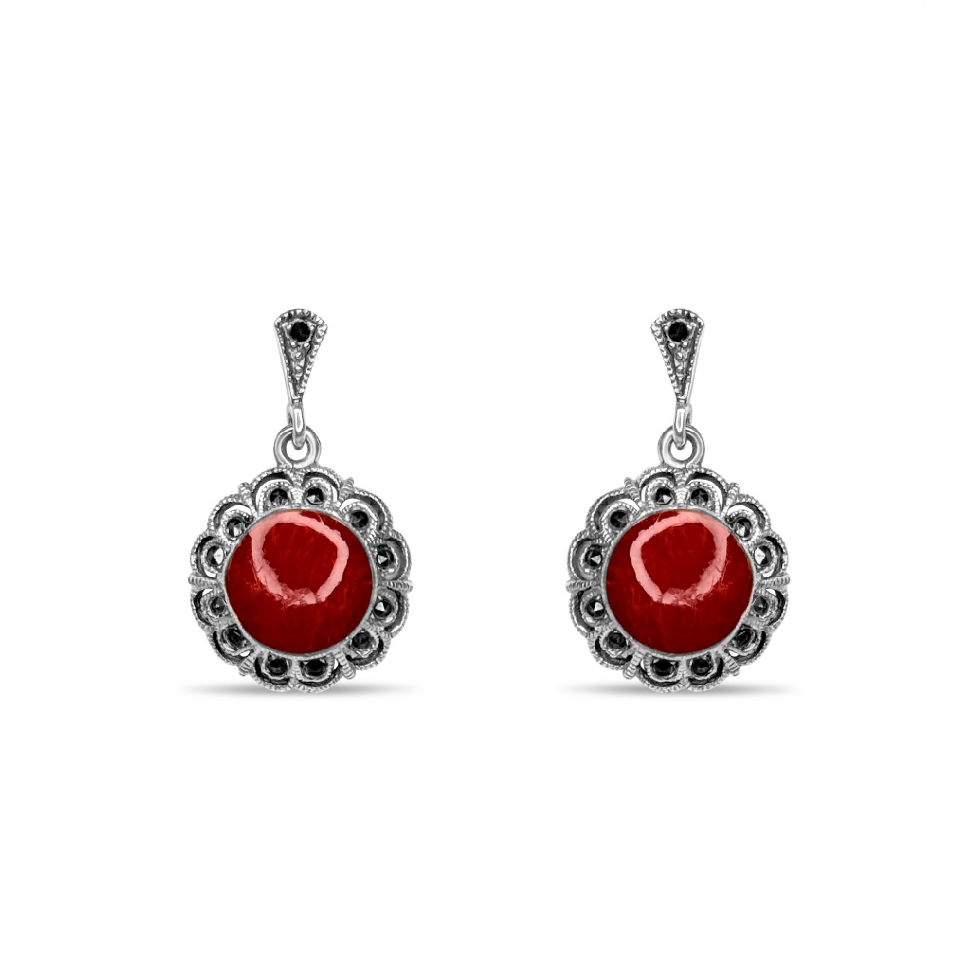 Dangle marcasite earrings with coral stones