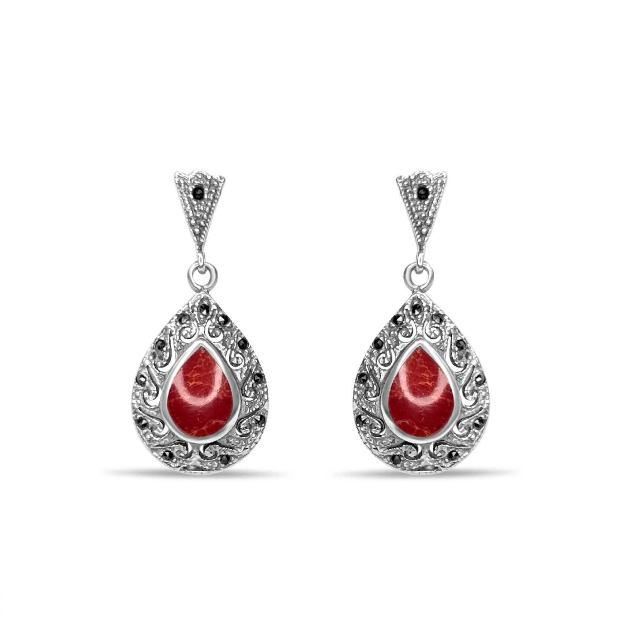 Dangle marcasite earrings with coral stones