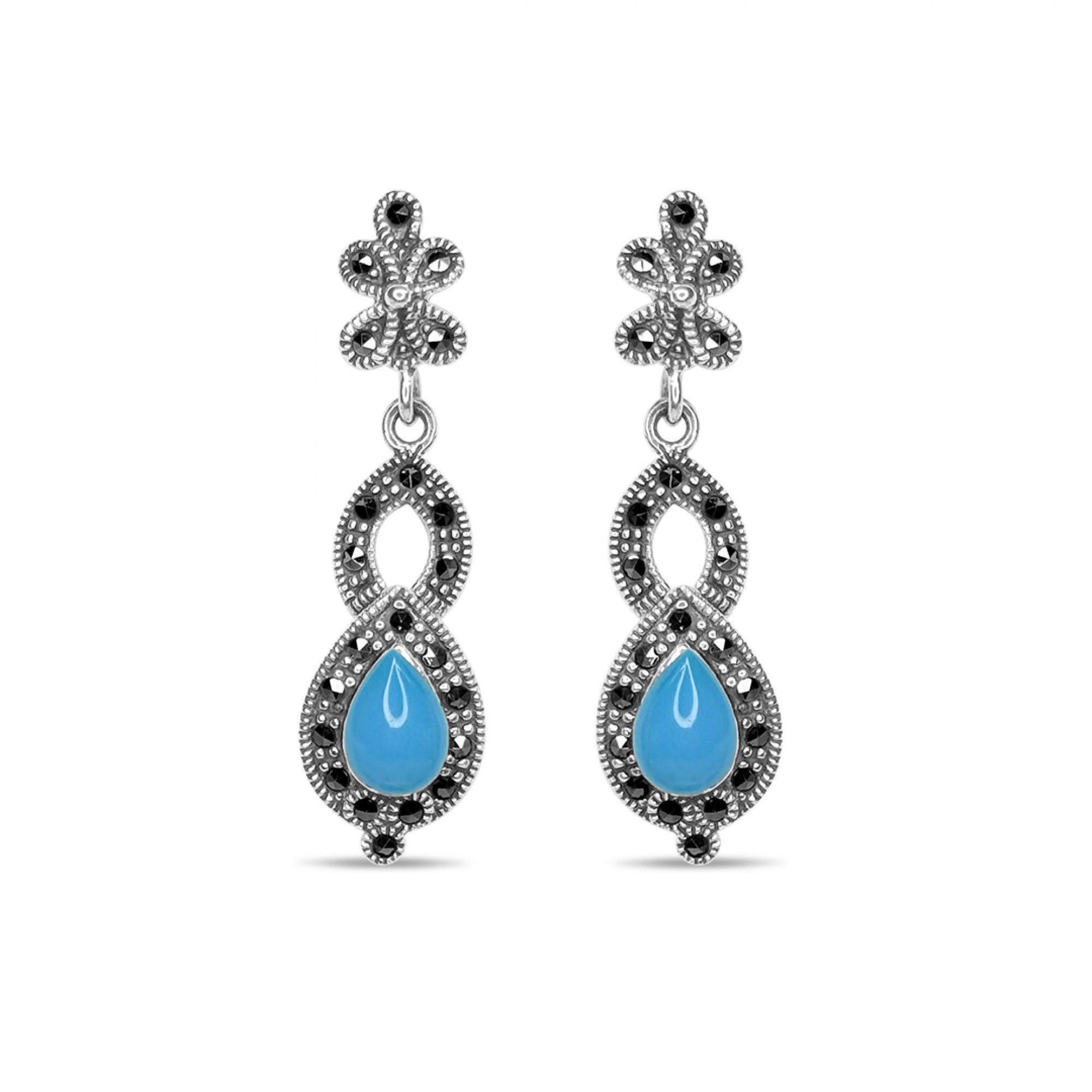 Dangle marcasite earrings with turquoise stones