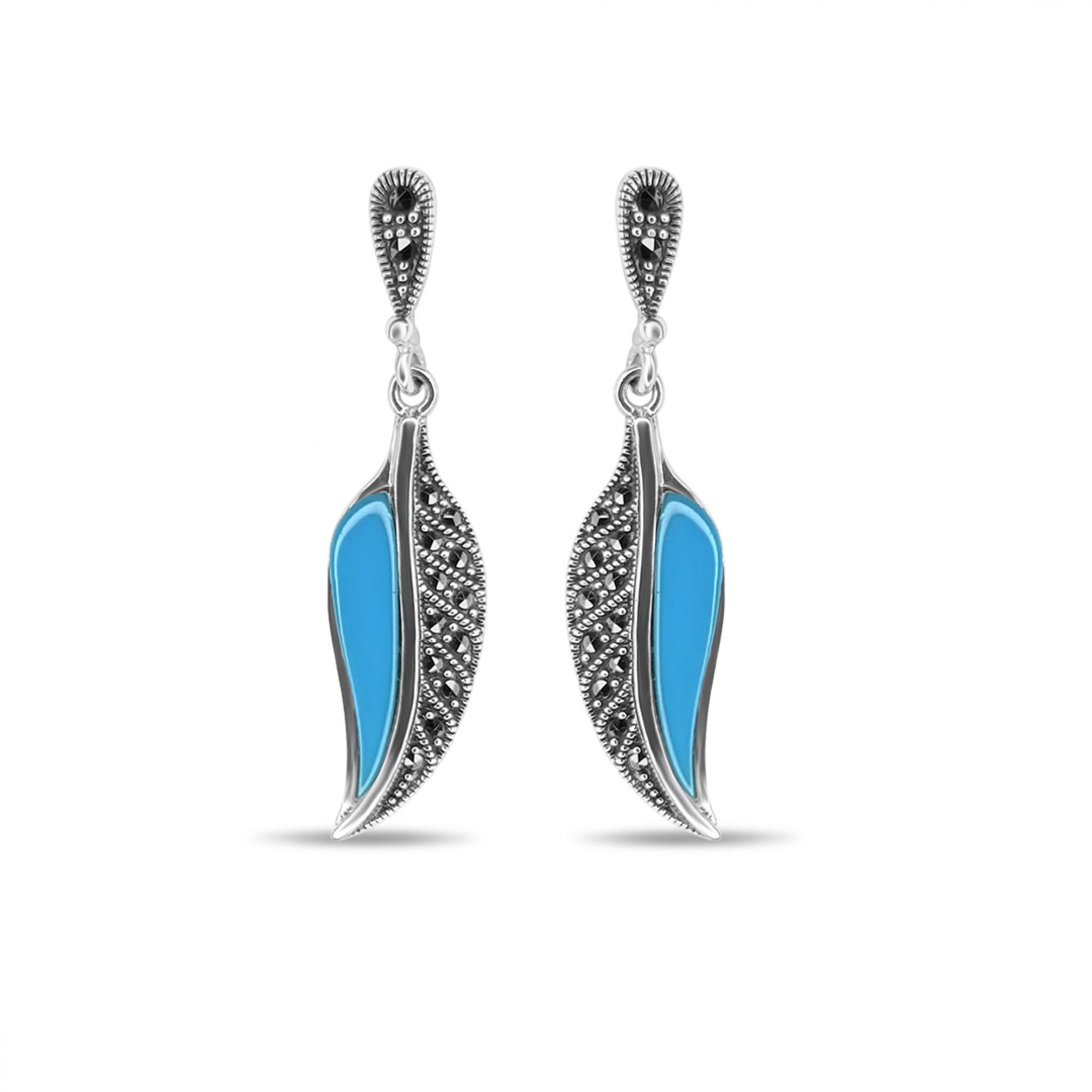 Dangle marcasite earrings with turquoise stones