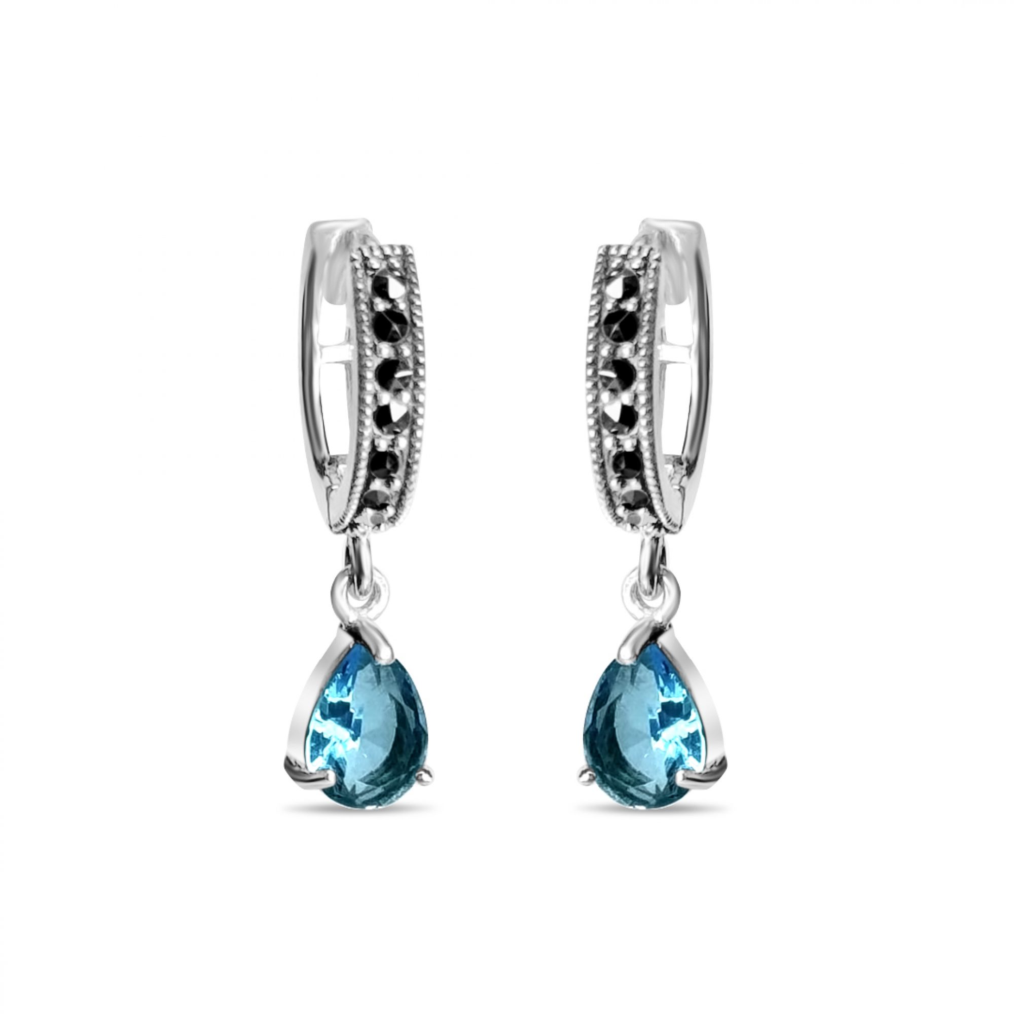 Dangle marcasite earrings with aquamarine stones