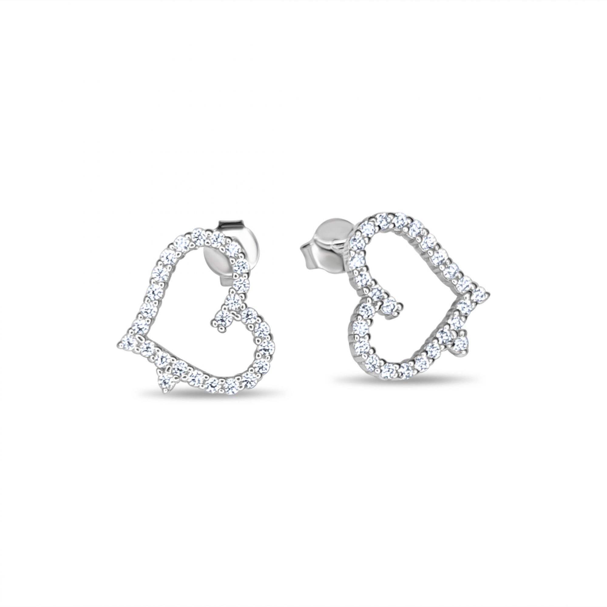 Silver stud heart earrings with zircon stones