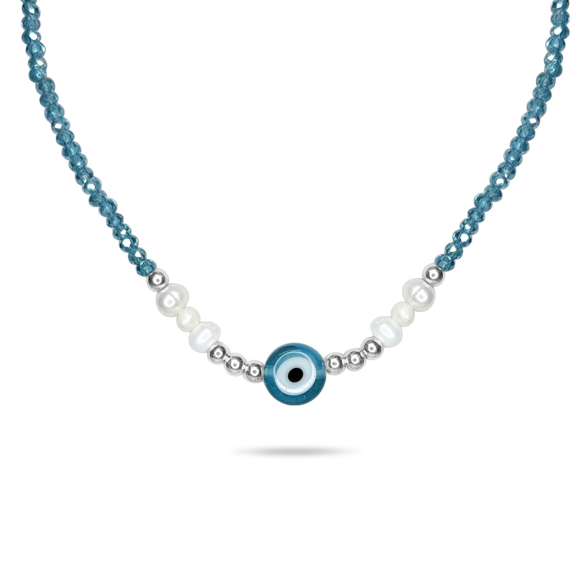 Silver eye necklace with aquamarine beads