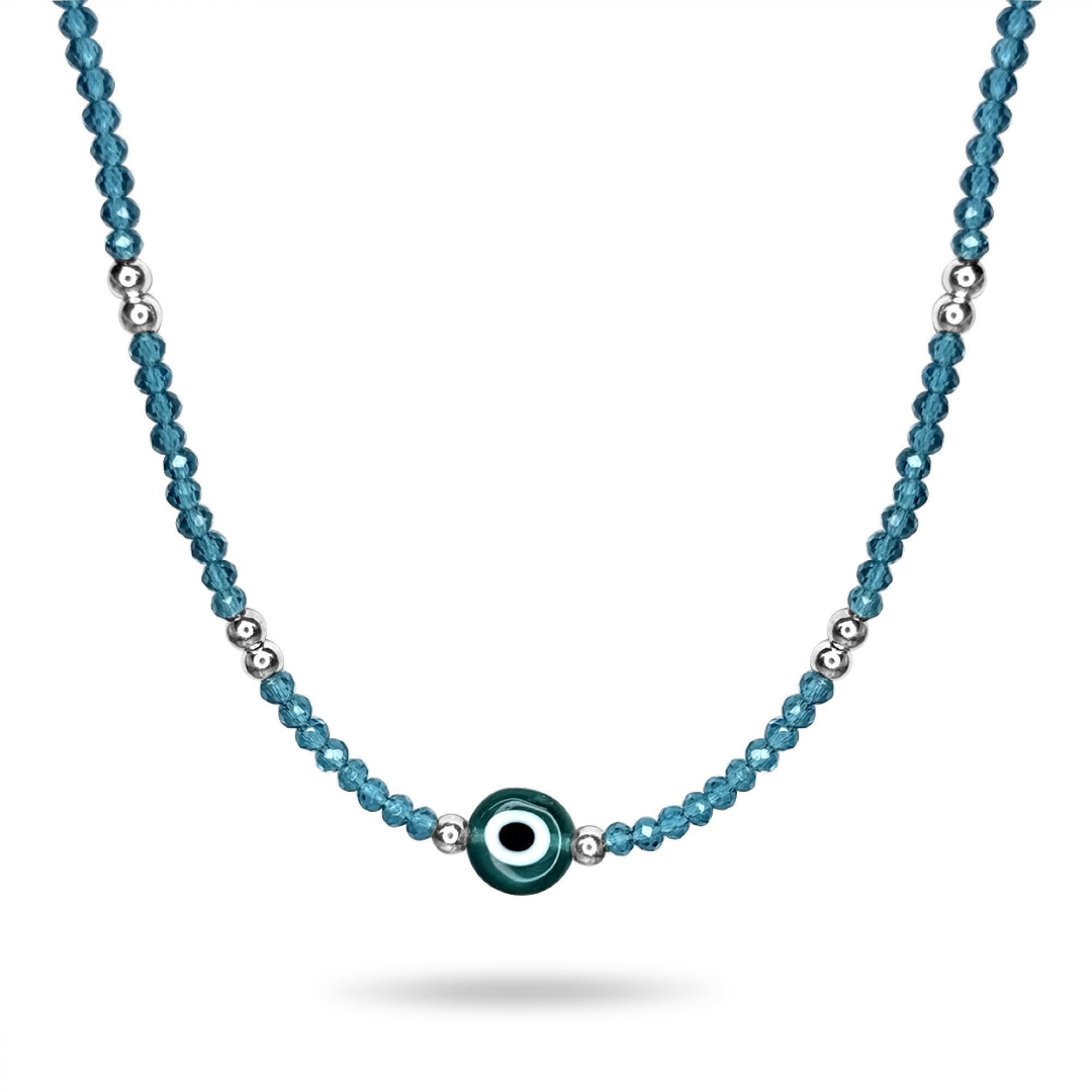 Silver eye necklace with aquamarine beads