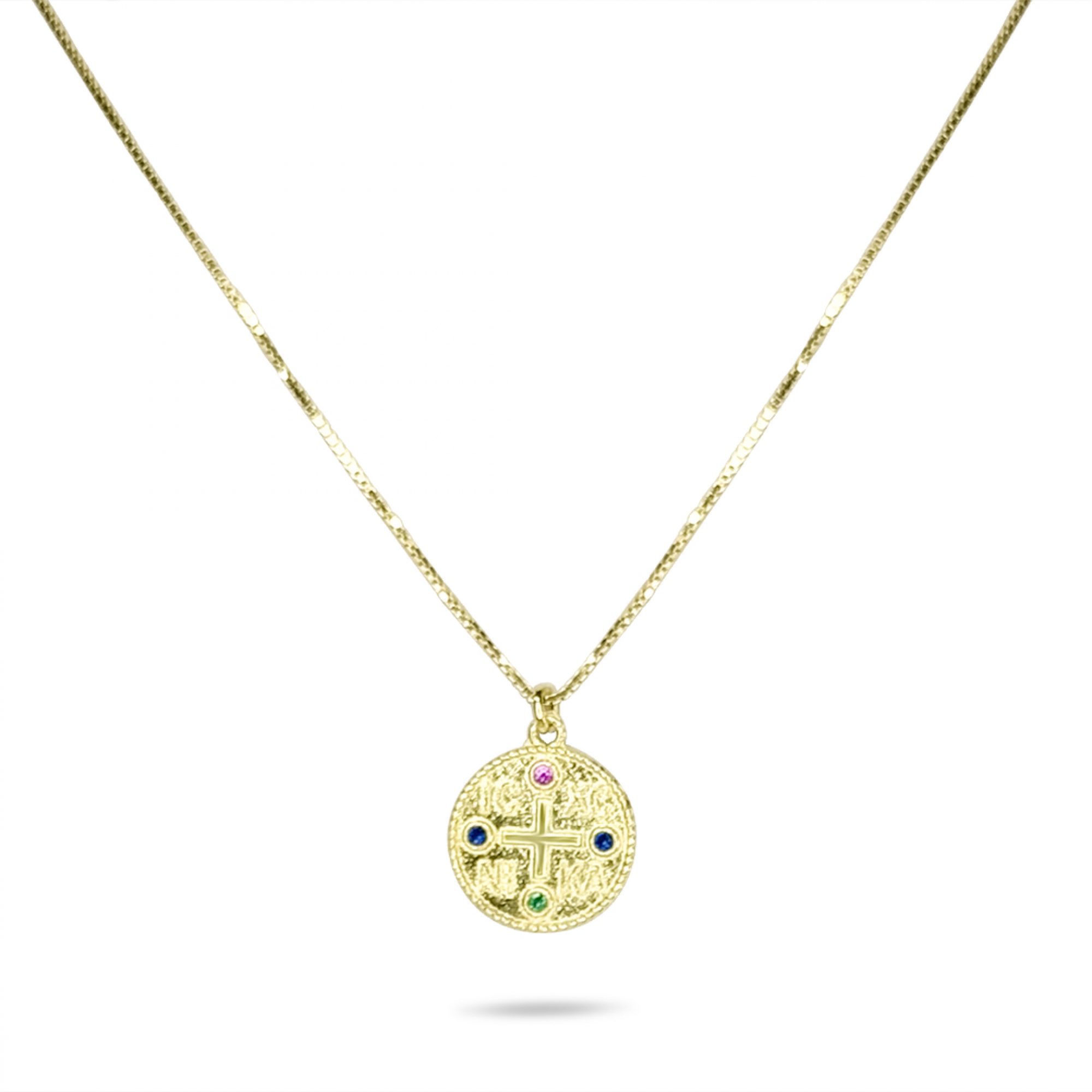 Gold plated constantine necklace with ruby, emerald and sapphire stones