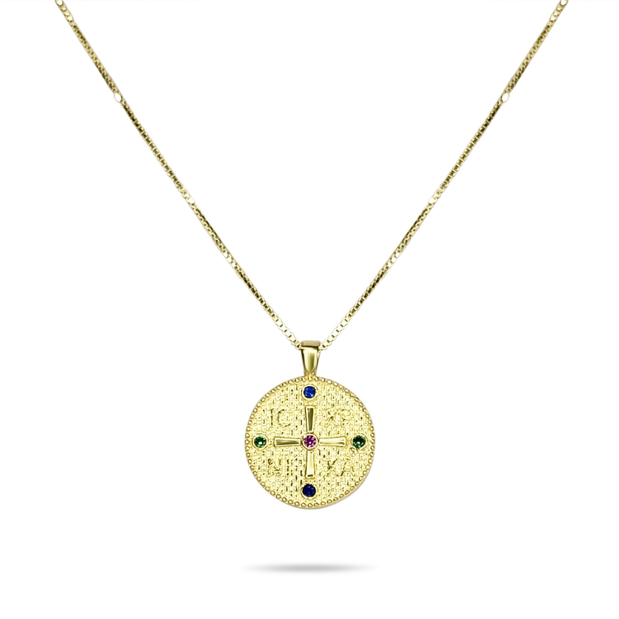 Gold plated constantine necklace with ruby, emerald and sapphire stones