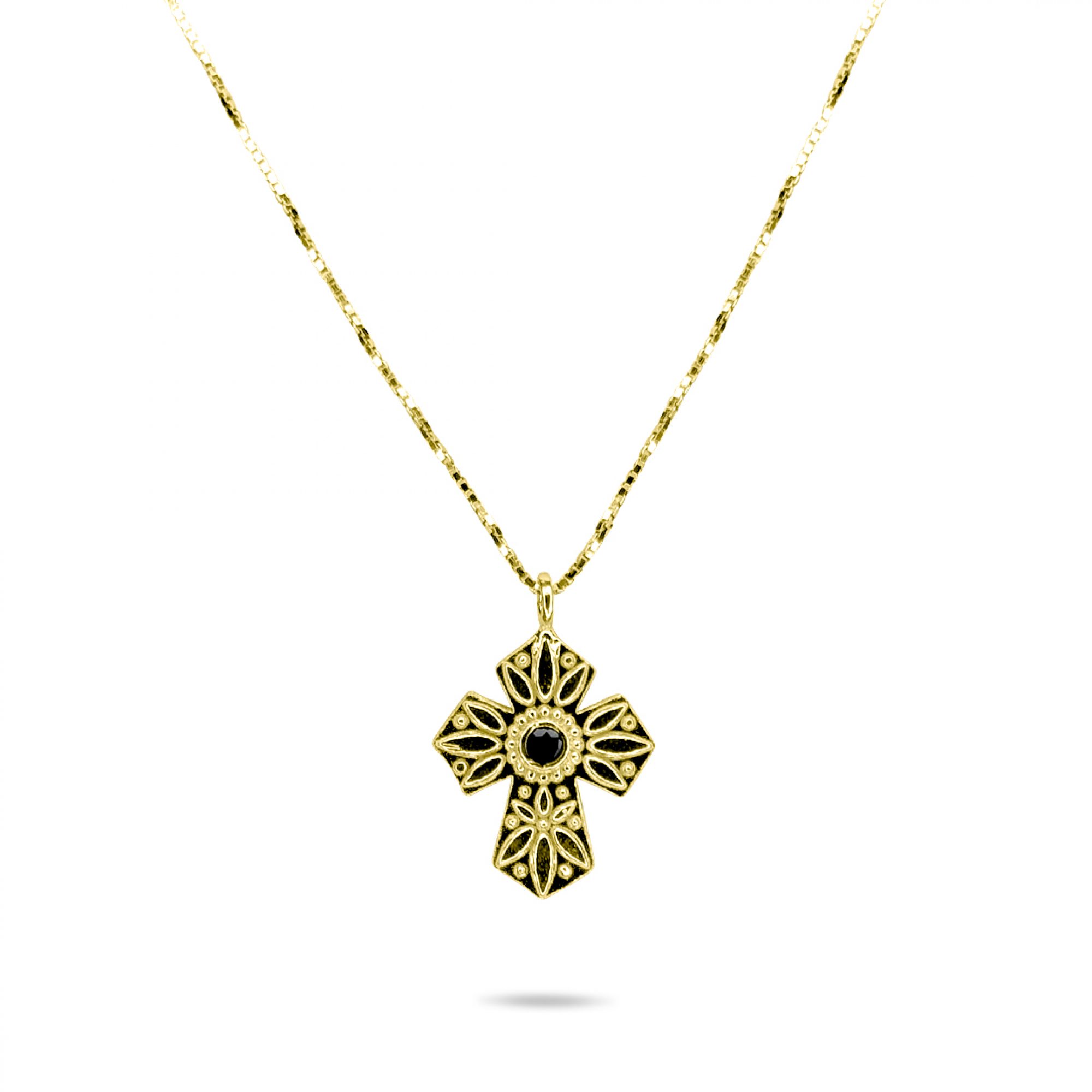 Gold plated cross necklace with sapphire stone