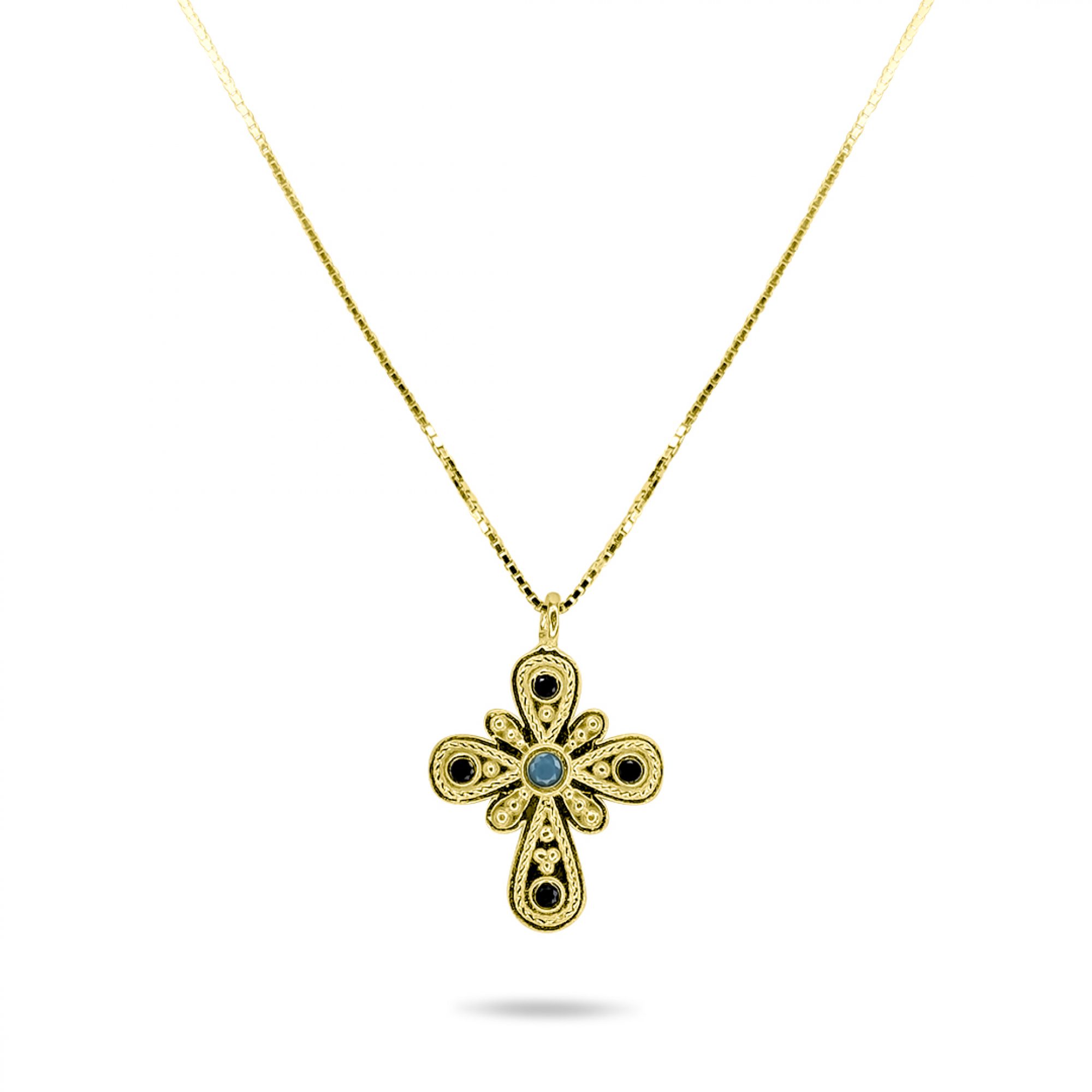 Gold plated cross necklace with turquoise and sapphire stones