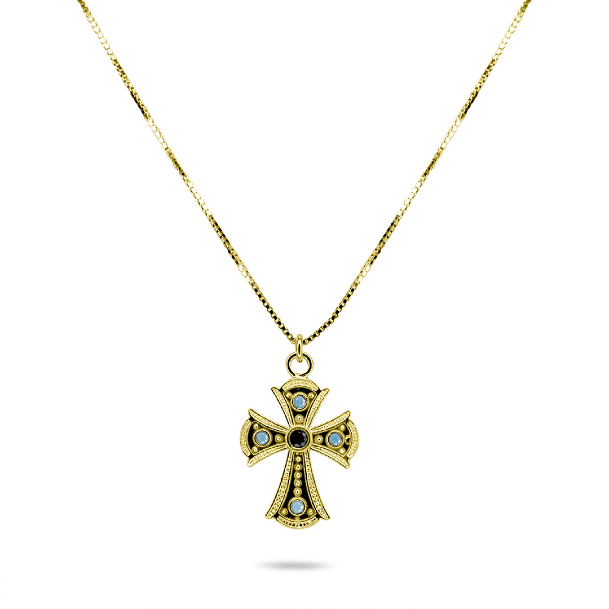 Gold plated cross necklace with sapphire and turquoise stones