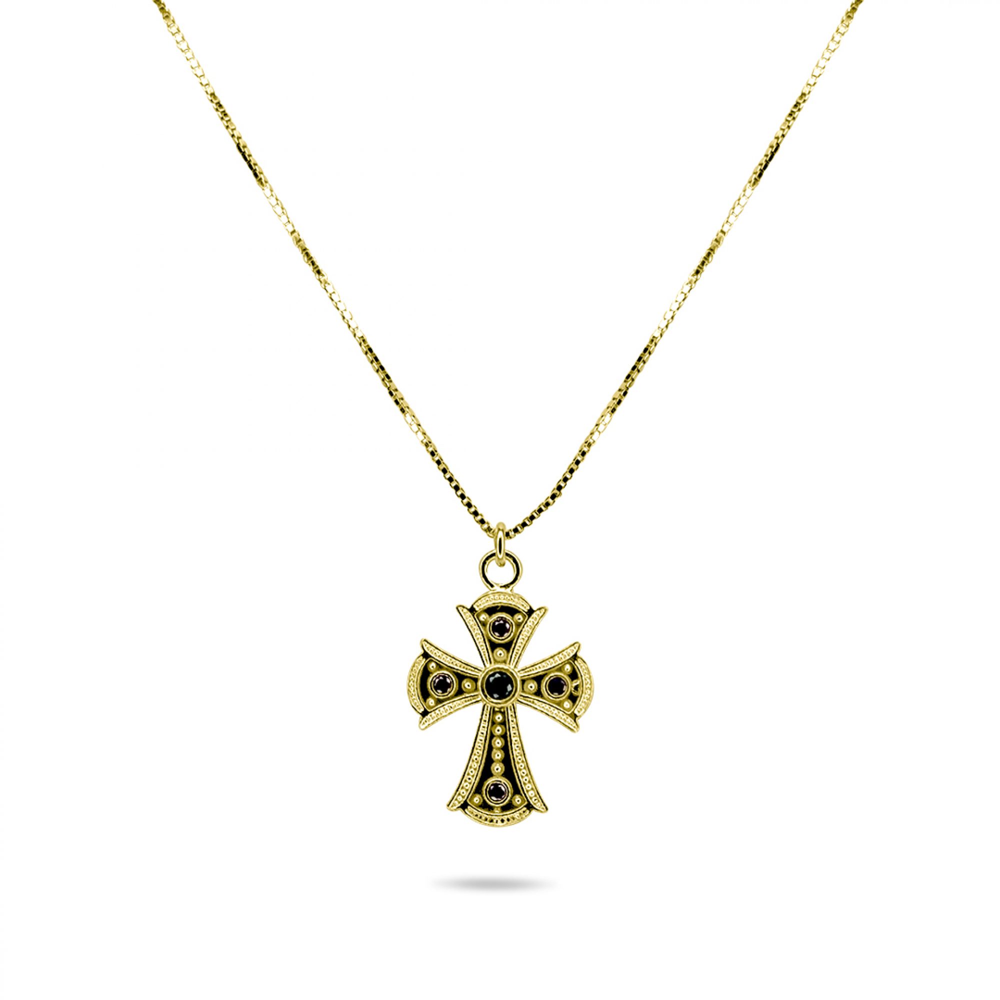 Gold plated cross necklace with emerald and ruby stones
