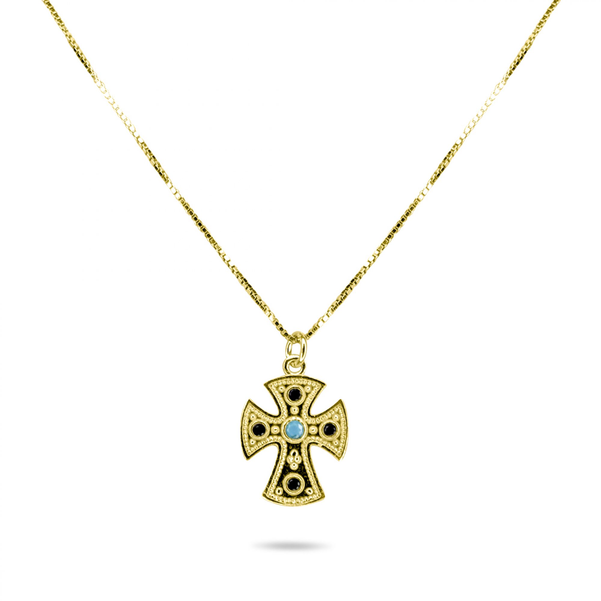 Gold plated cross necklace with turquoise and sapphire stones