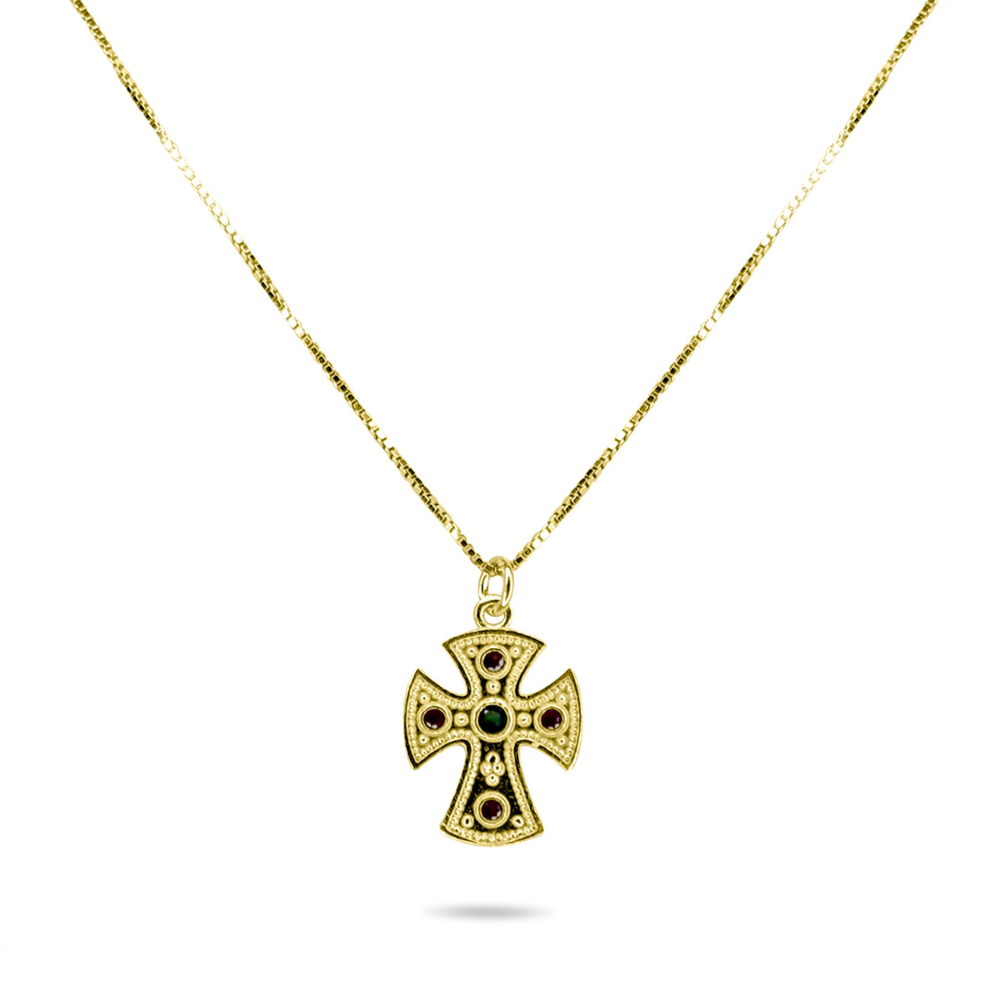 Gold plated cross necklace with emerald and ruby stones