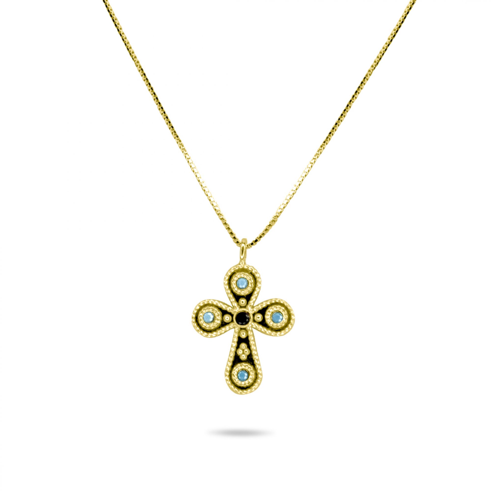 Gold plated cross necklace with sapphire and turquoise stones