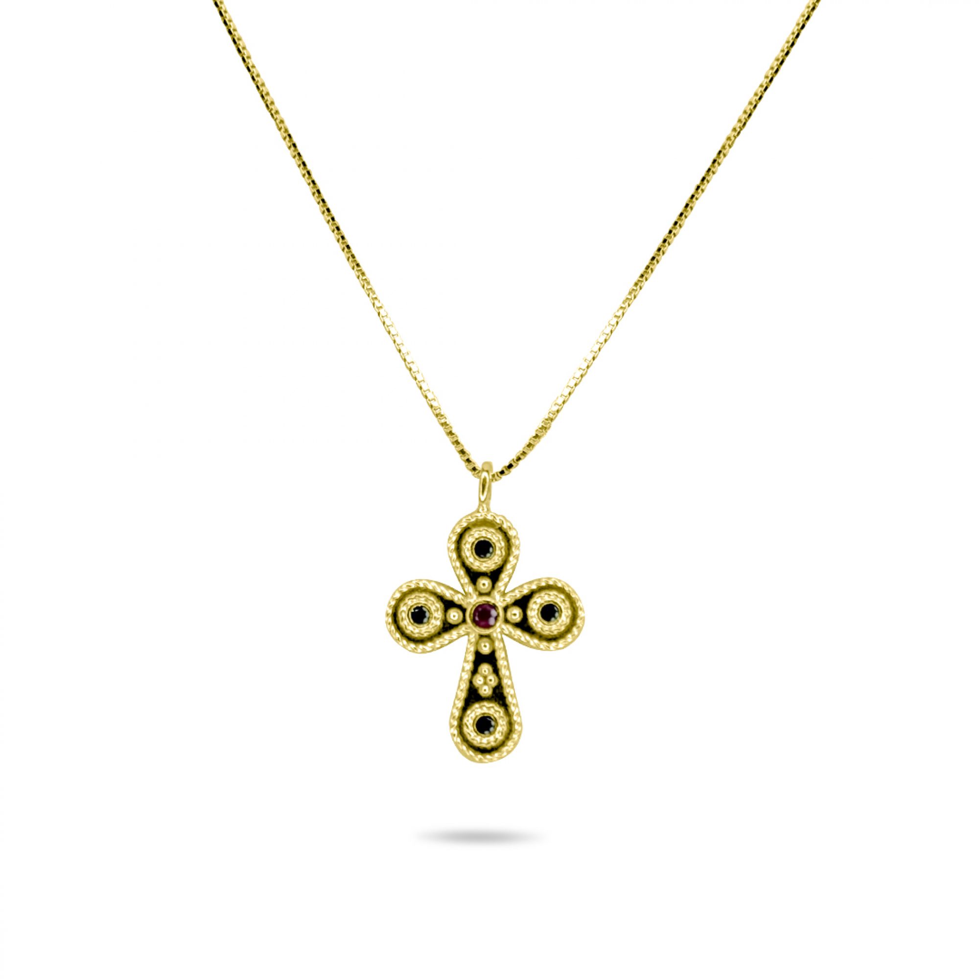 Gold plated cross necklace with ruby and emerald stones