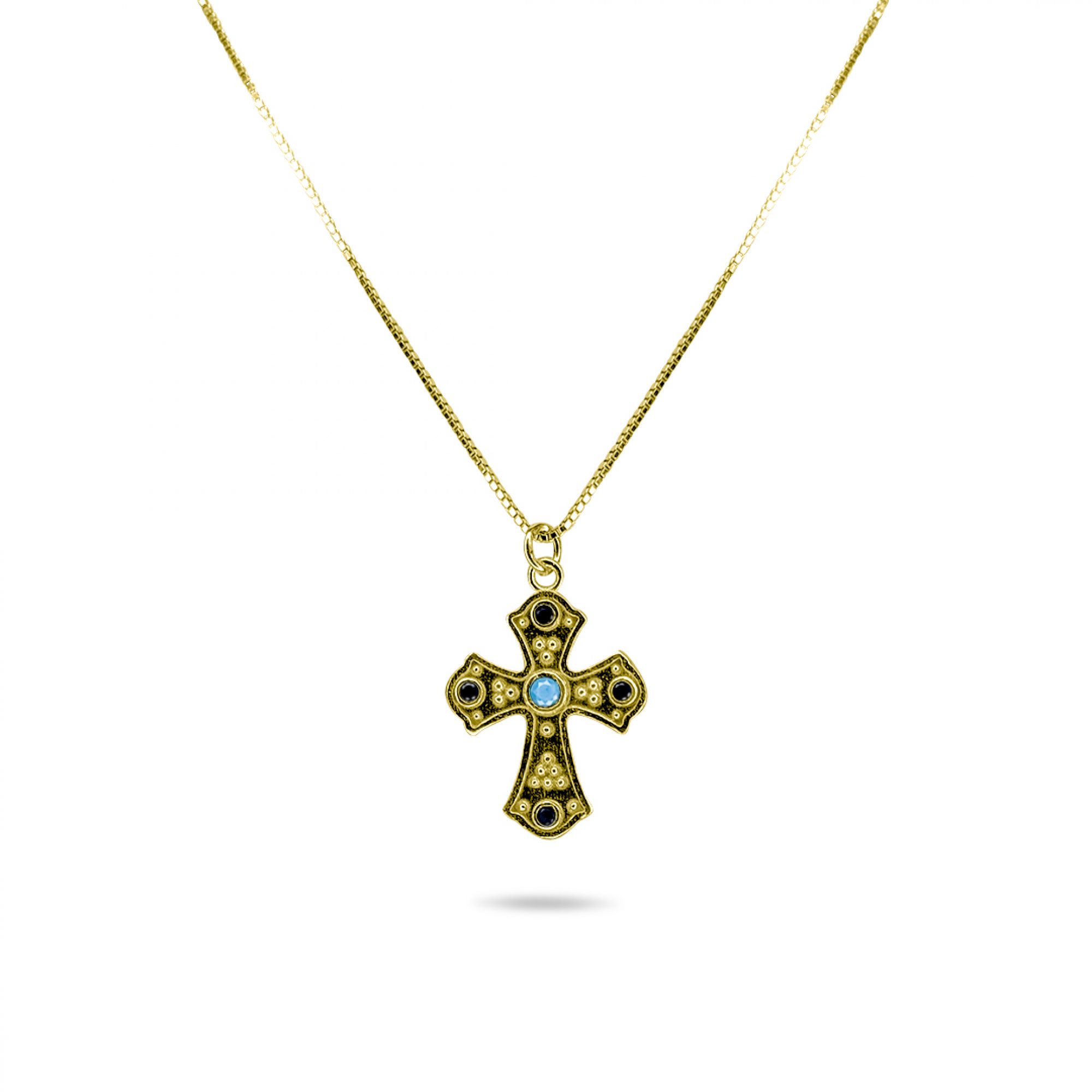 Gold plated cross necklace with turquoise and sapphire stones