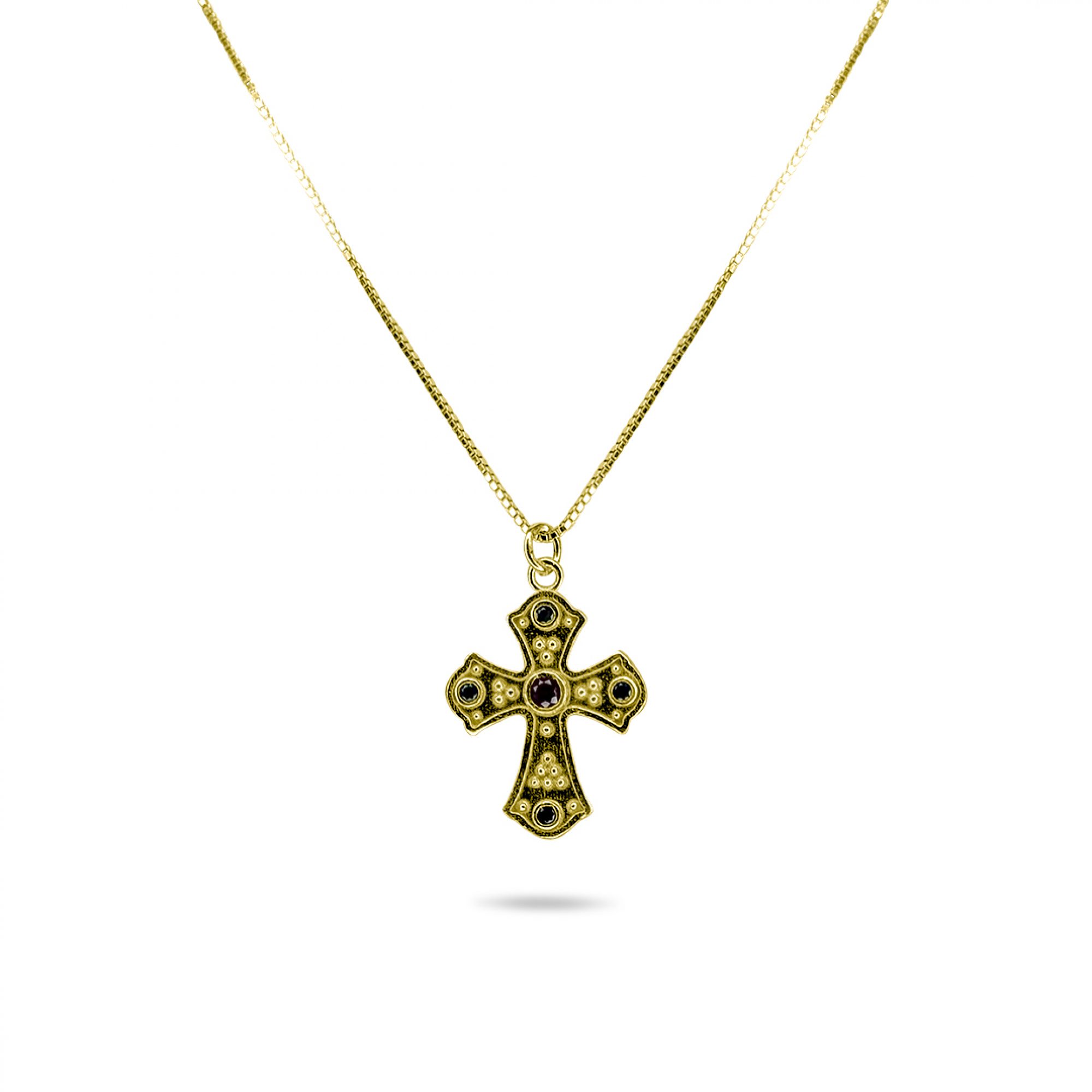 Gold plated cross necklace with ruby and emerald stones