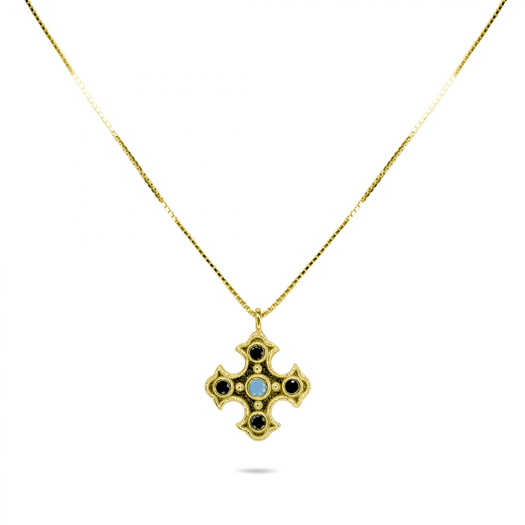 Gold plated cross necklace with turquoise and sapphire stones