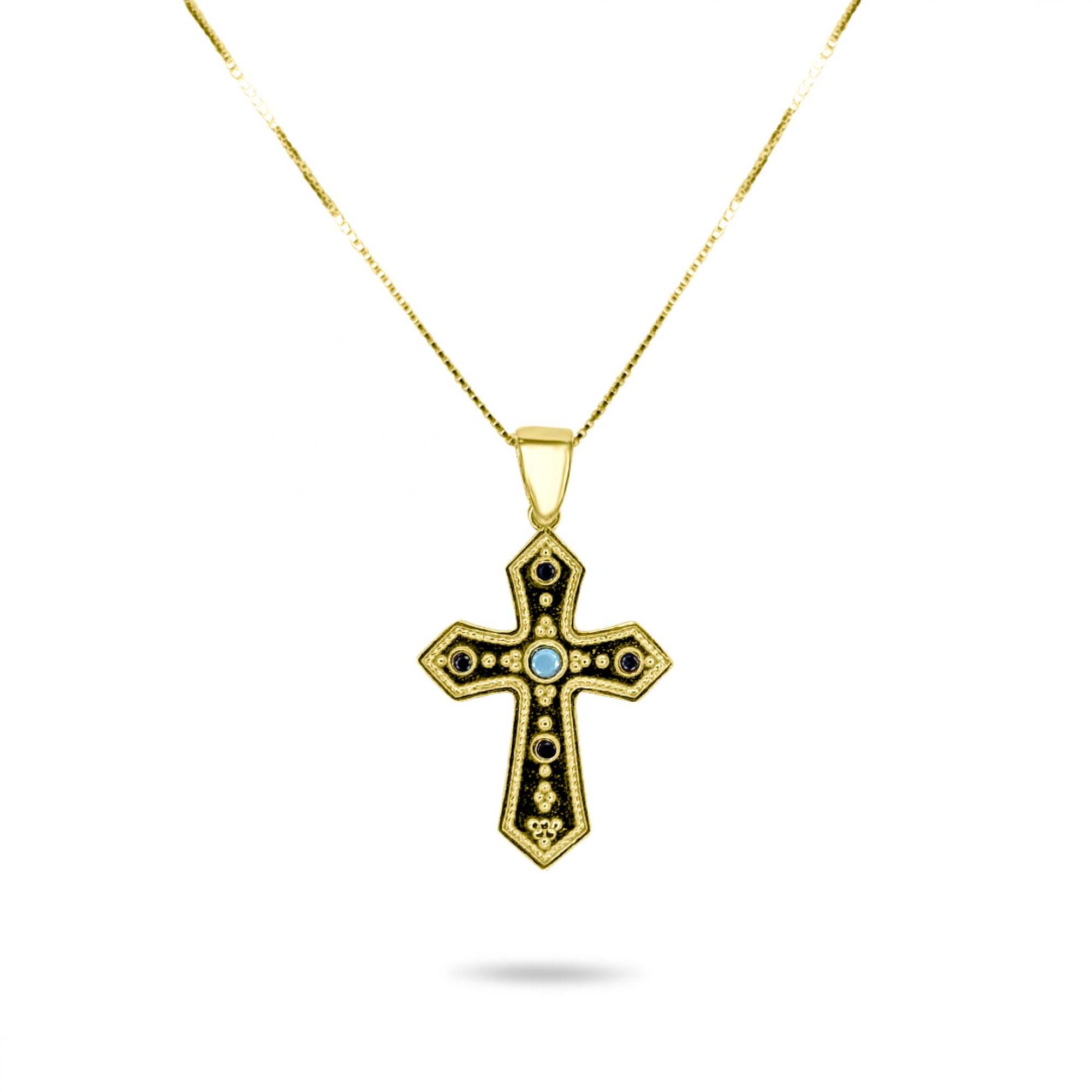 Gold plated cross necklace with turquoise and sapphire stones