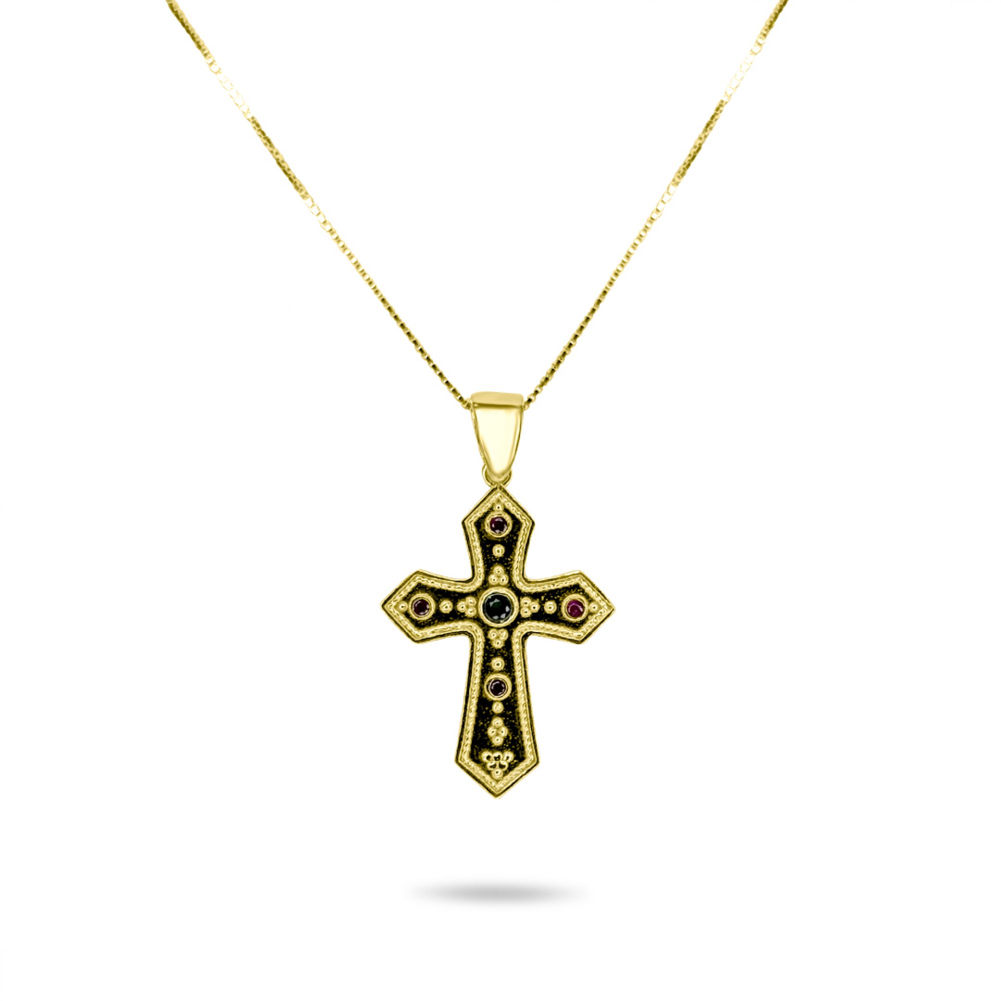 Gold plated cross necklace with emerald and ruby stones