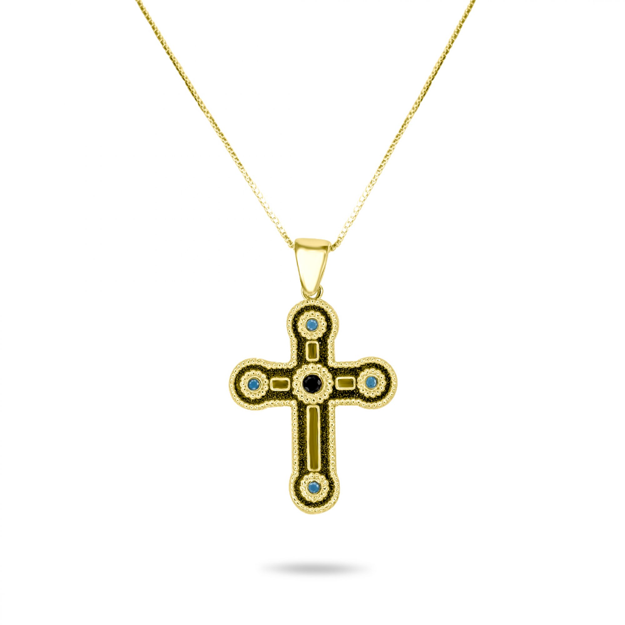 Gold plated cross necklace with sapphire and turquoise stones