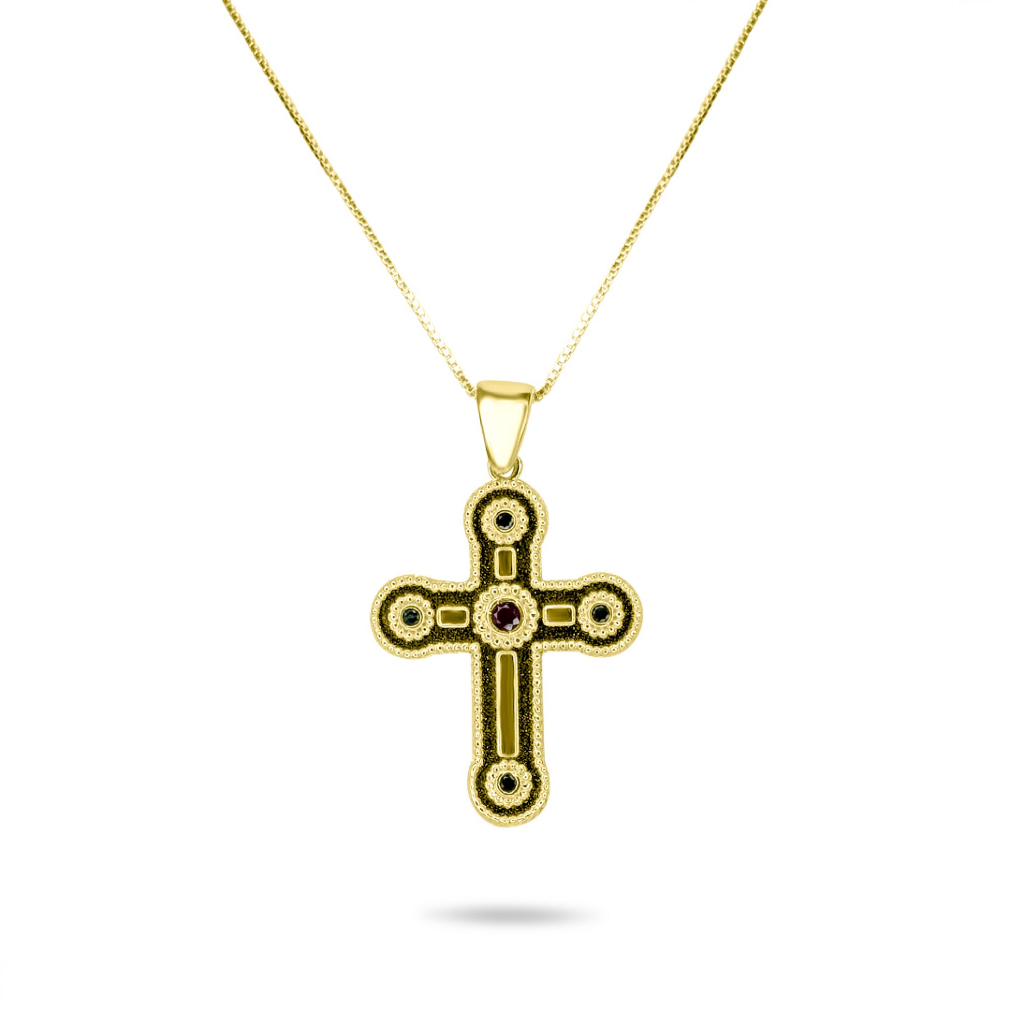 Gold plated cross necklace with ruby and emerald stones
