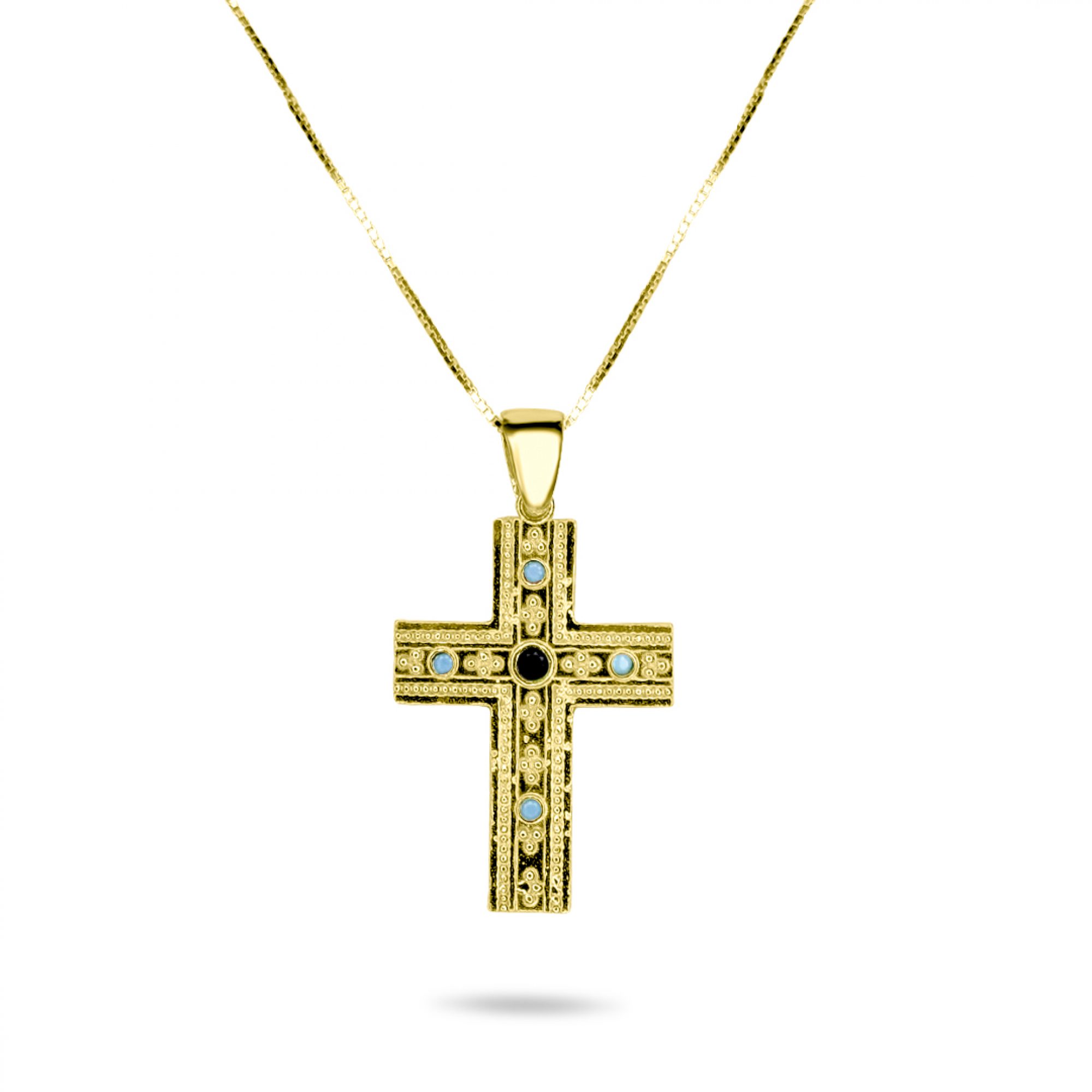 Gold plated cross necklace with sapphire and turquoise stones