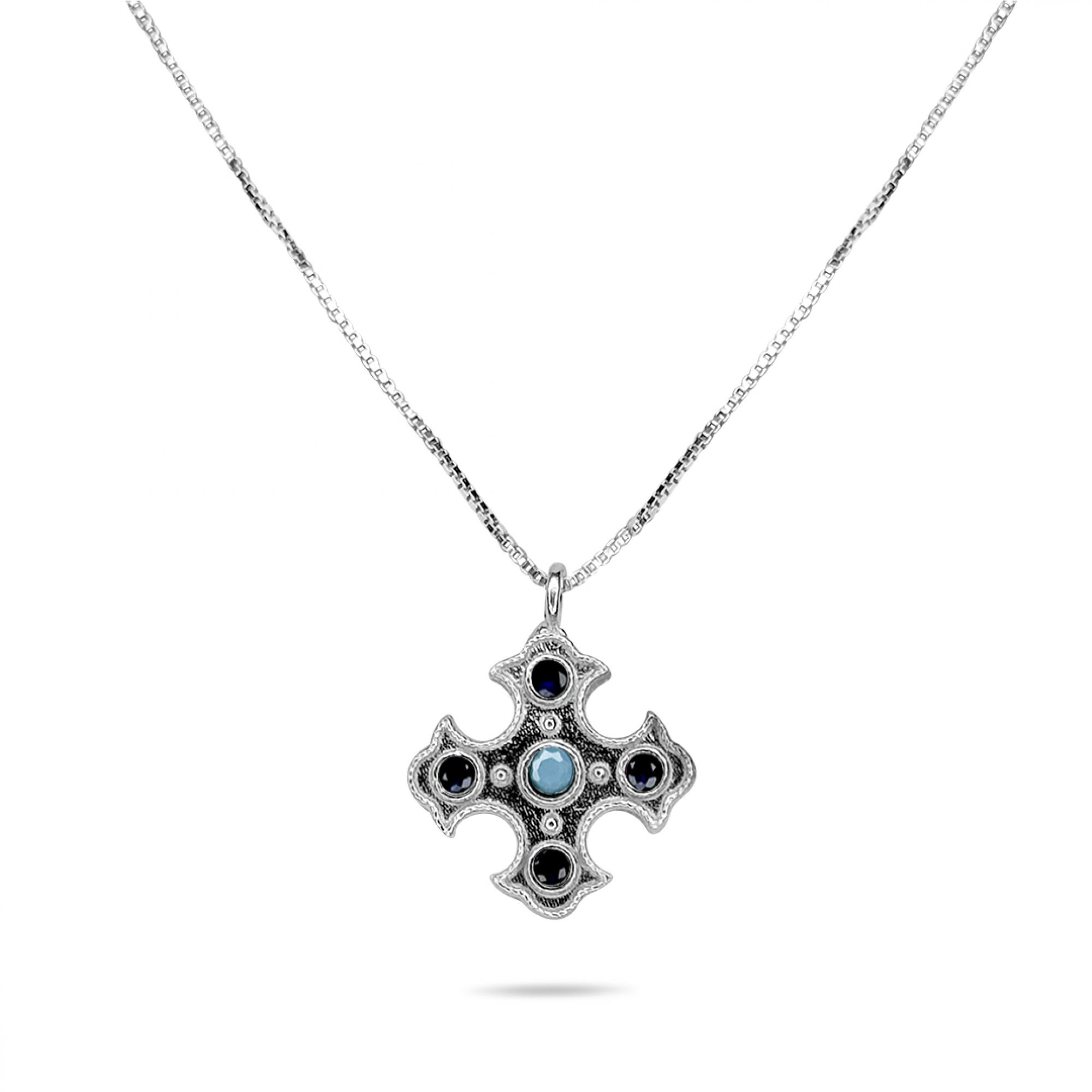 Cross necklace with turquoise and sapphire stones