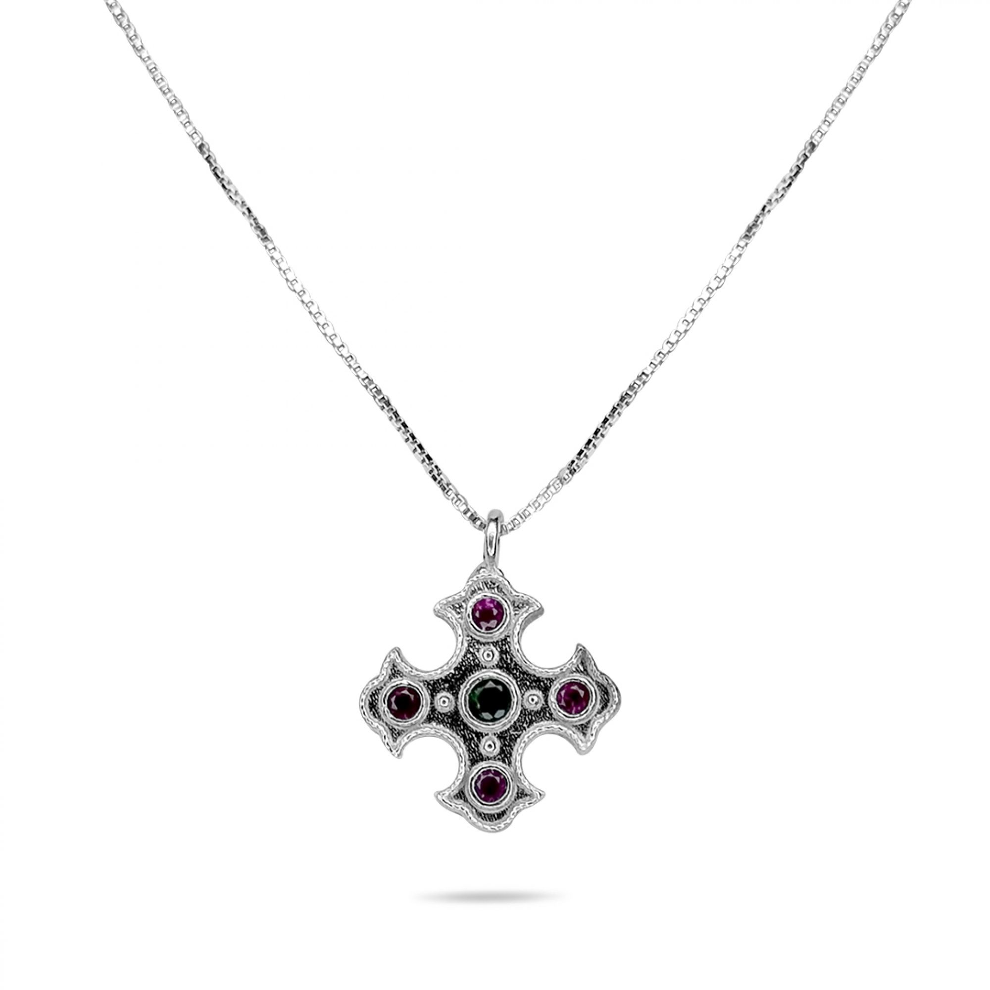 Cross necklace with emerald and ruby stones