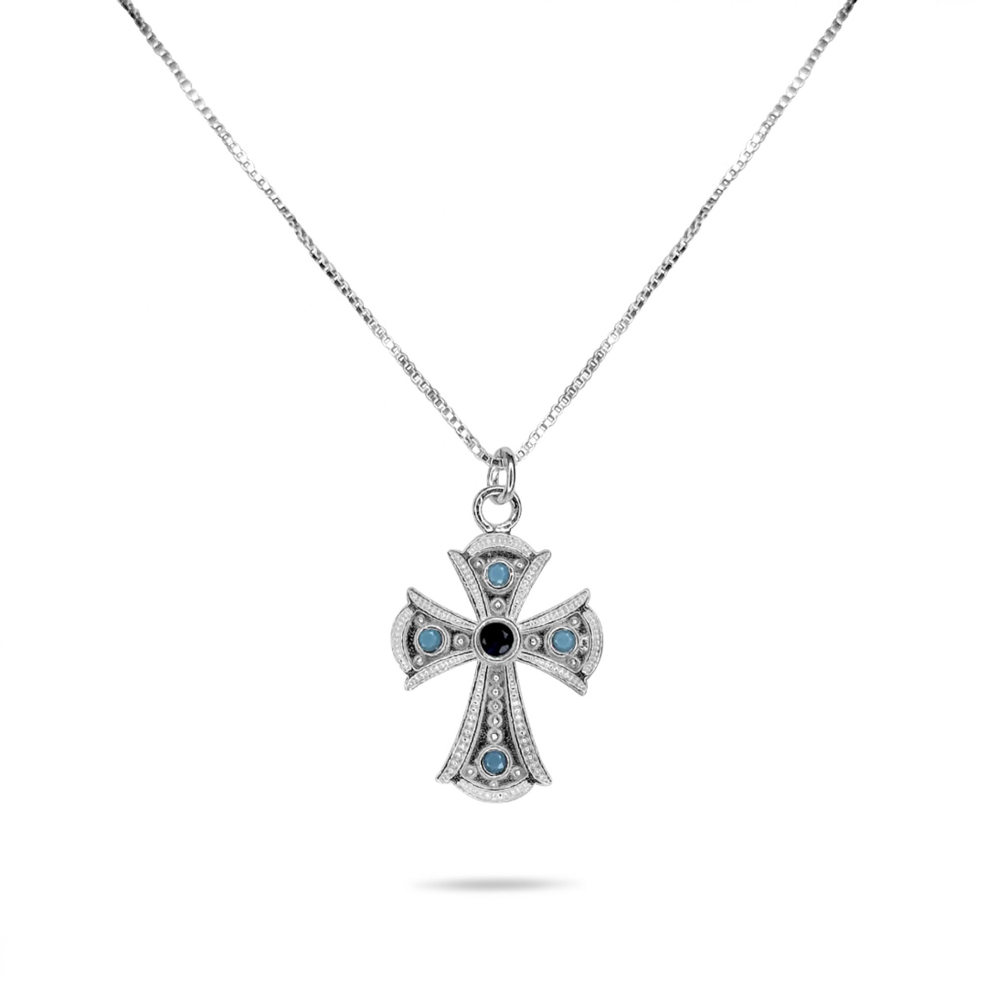 Cross necklace with sapphire and turquoise stones