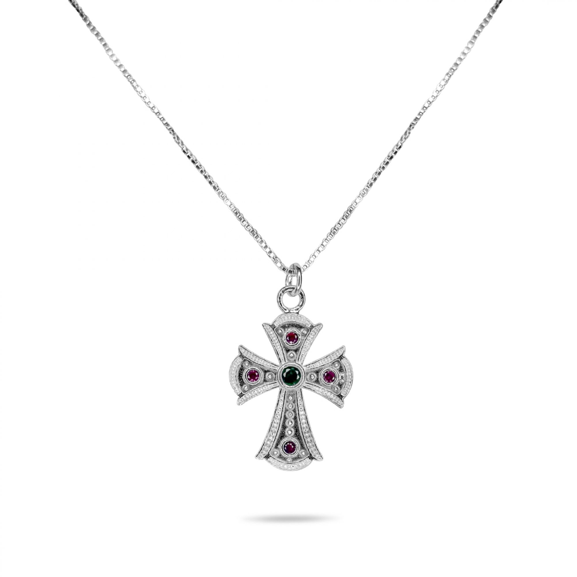 Cross necklace with emerald and ruby stones