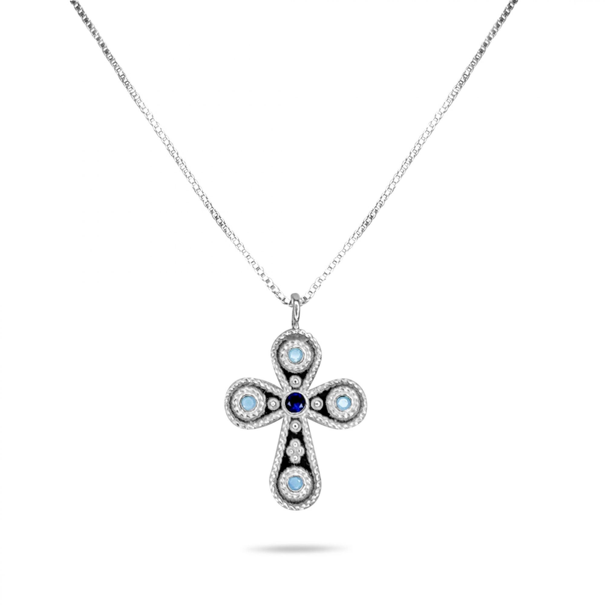 Cross necklace with sapphire and turquoise stones