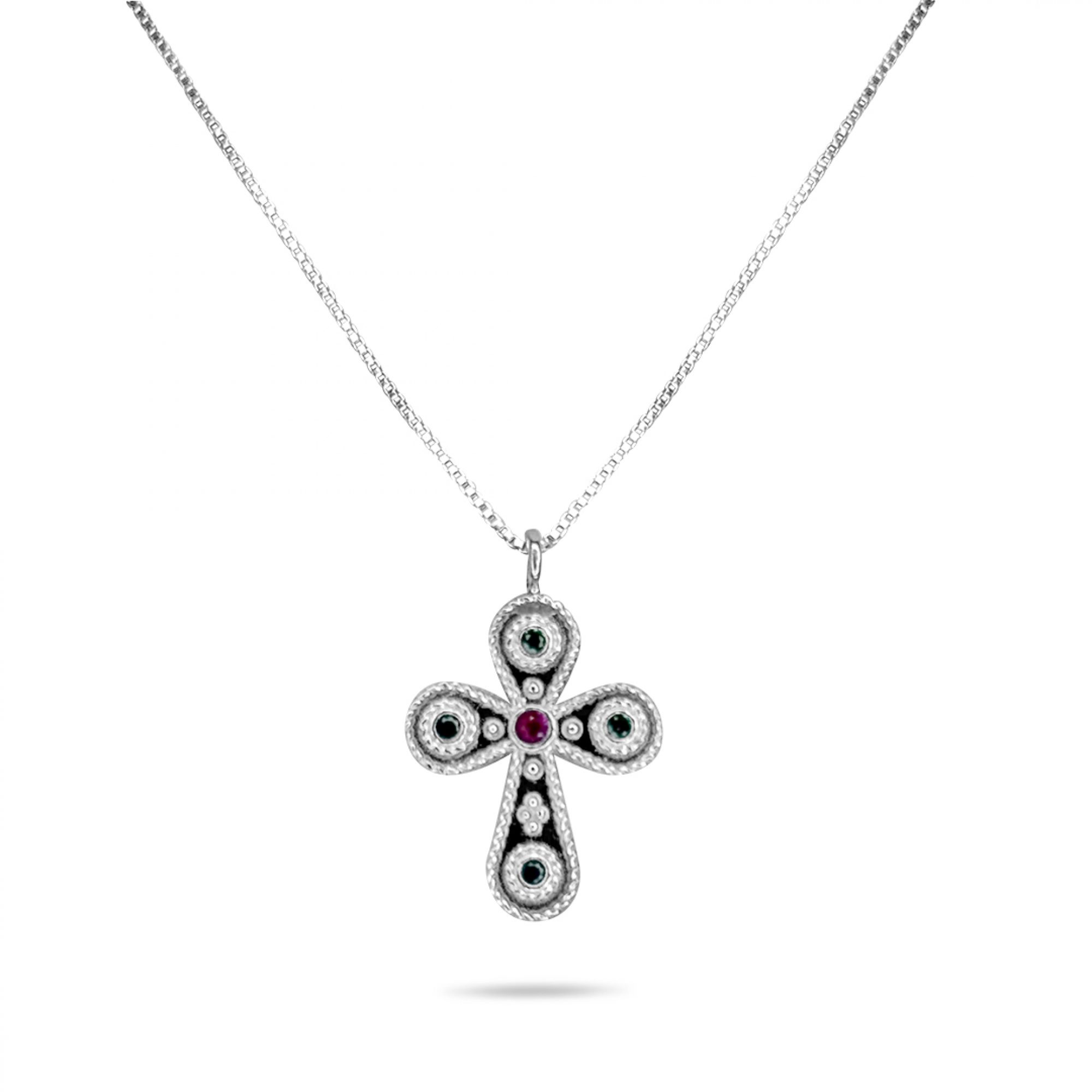 Cross necklace with ruby and emerald stones