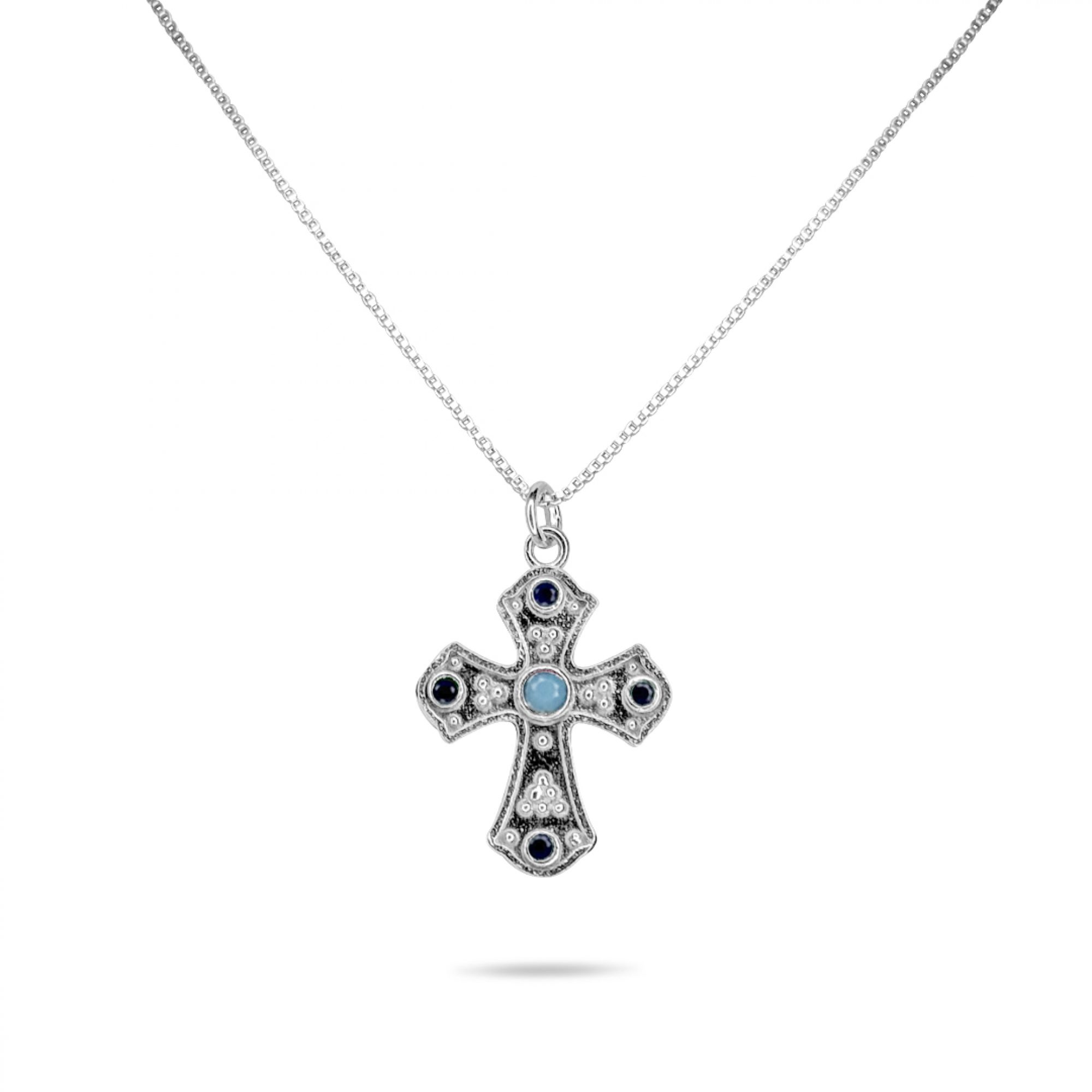 Cross necklace with turquoise and sapphire stones