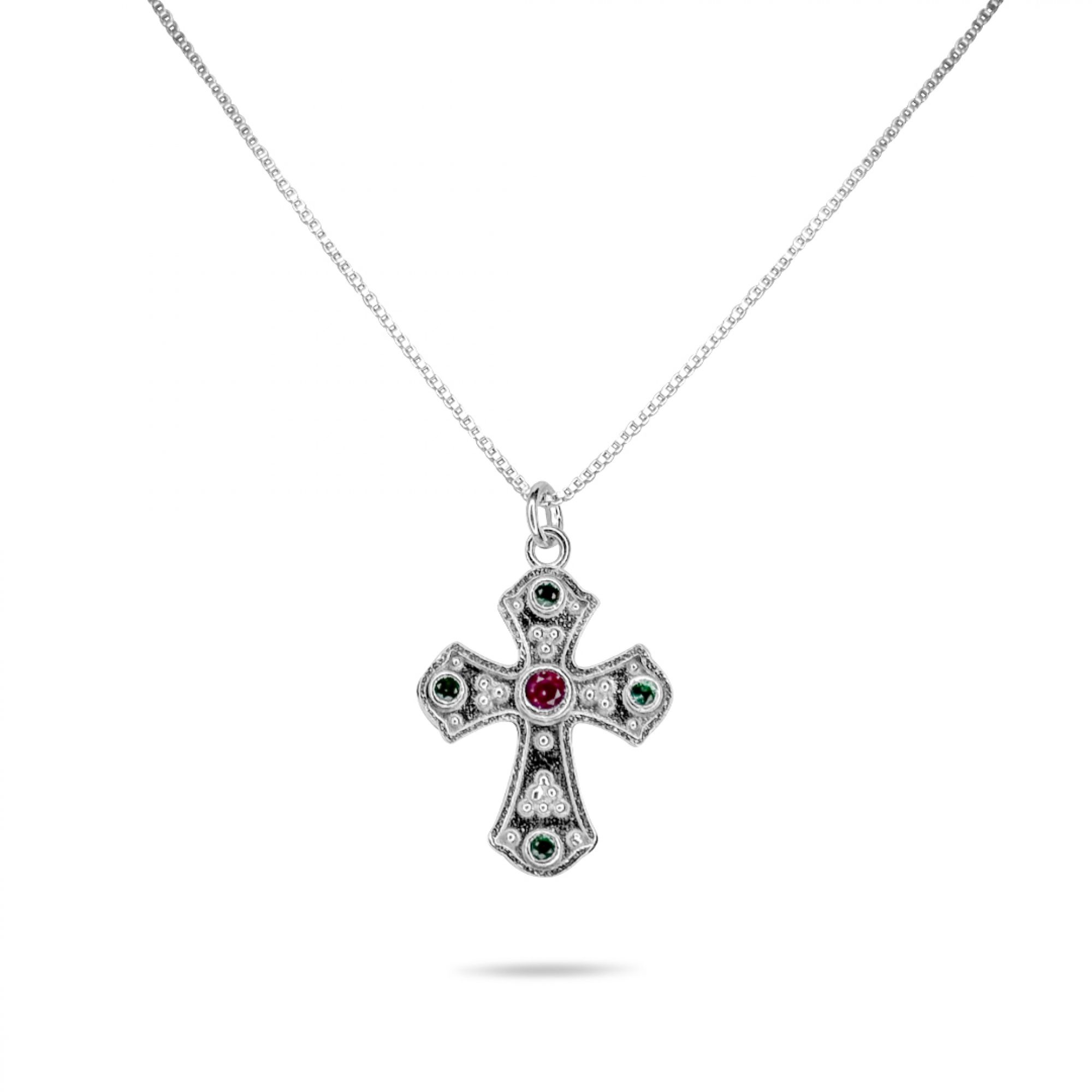 Cross necklace with ruby and emerald stones