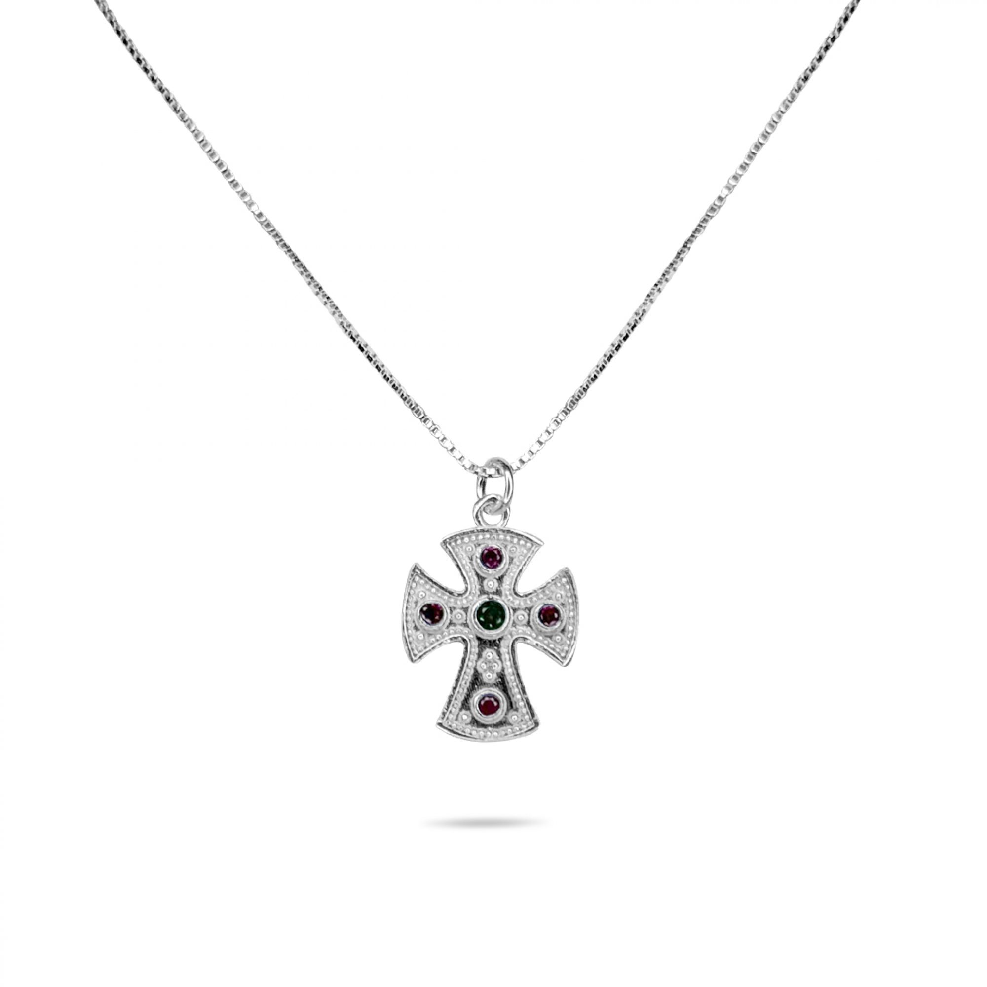 Cross necklace with emerald and ruby stones