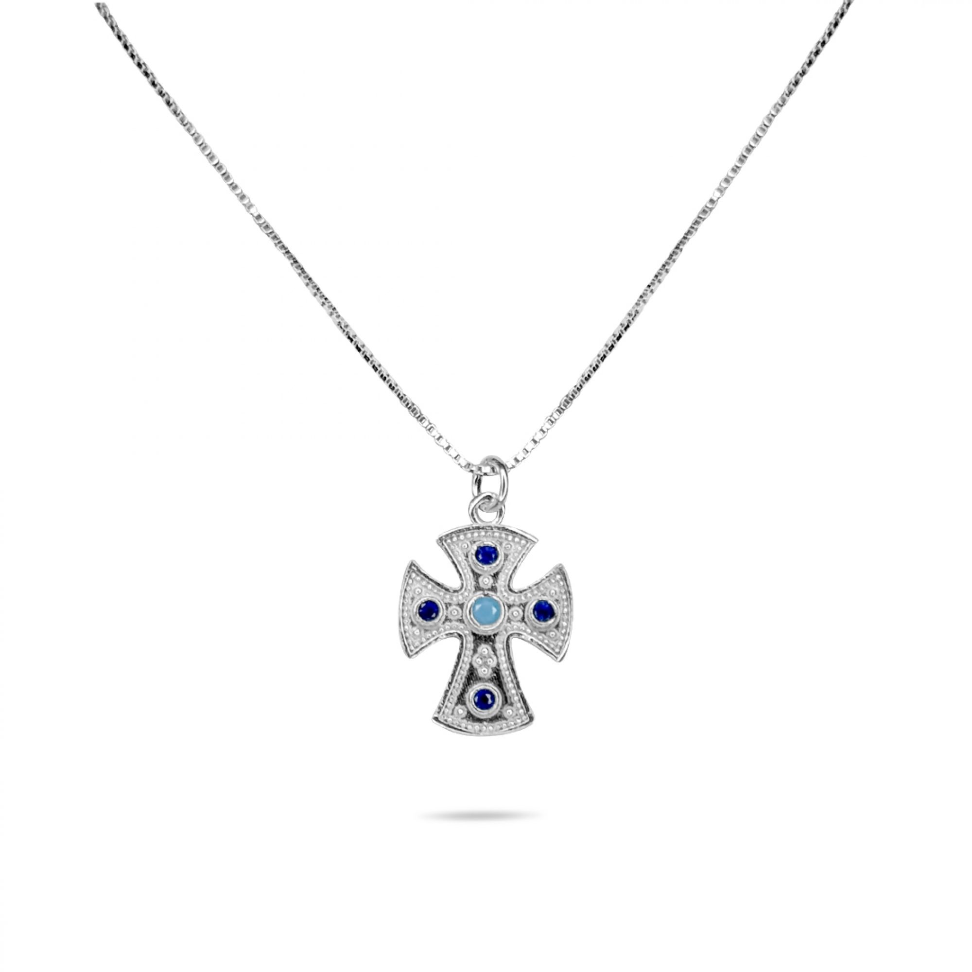 Cross necklace with turquoise and sapphire stones