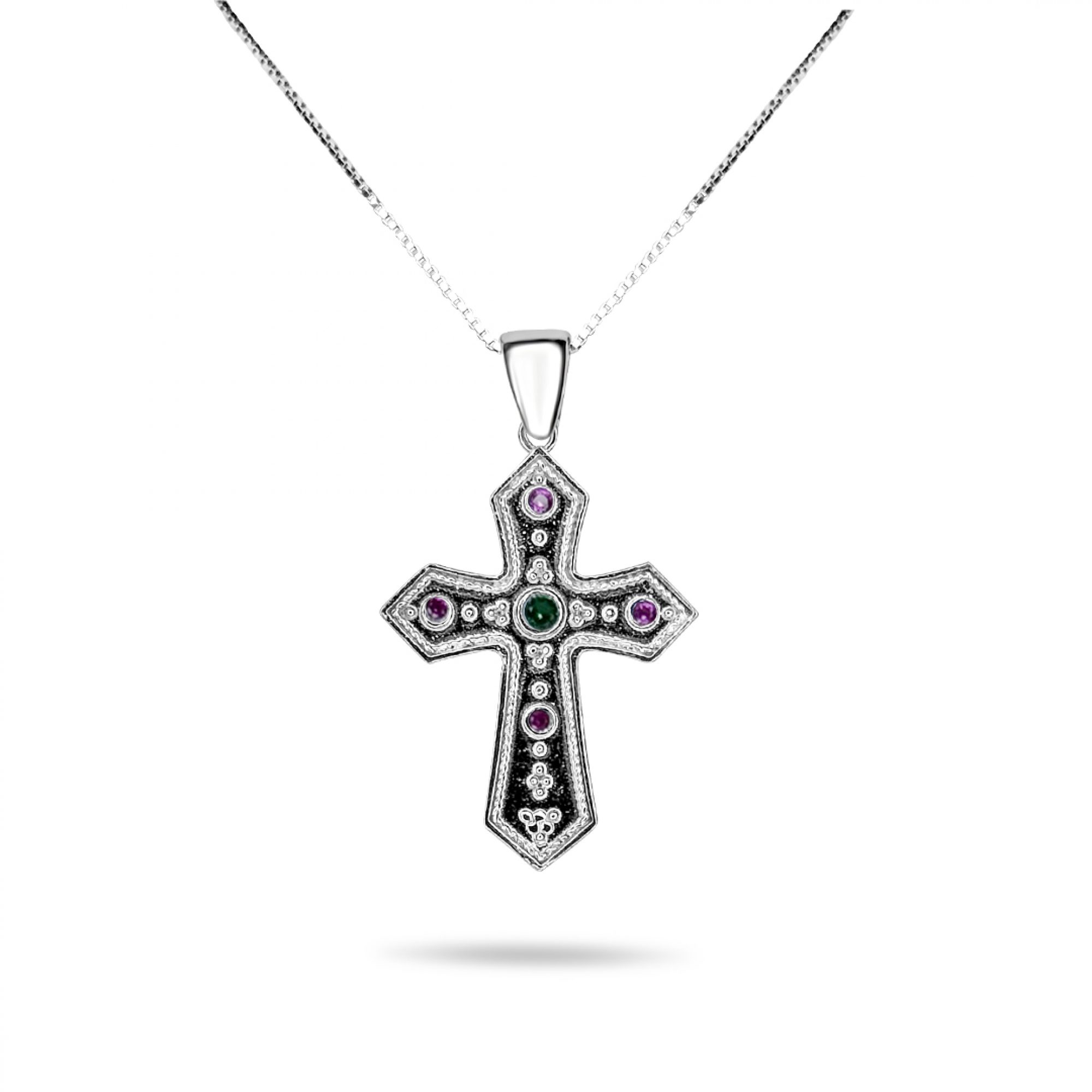 Cross necklace with emerald and ruby stones