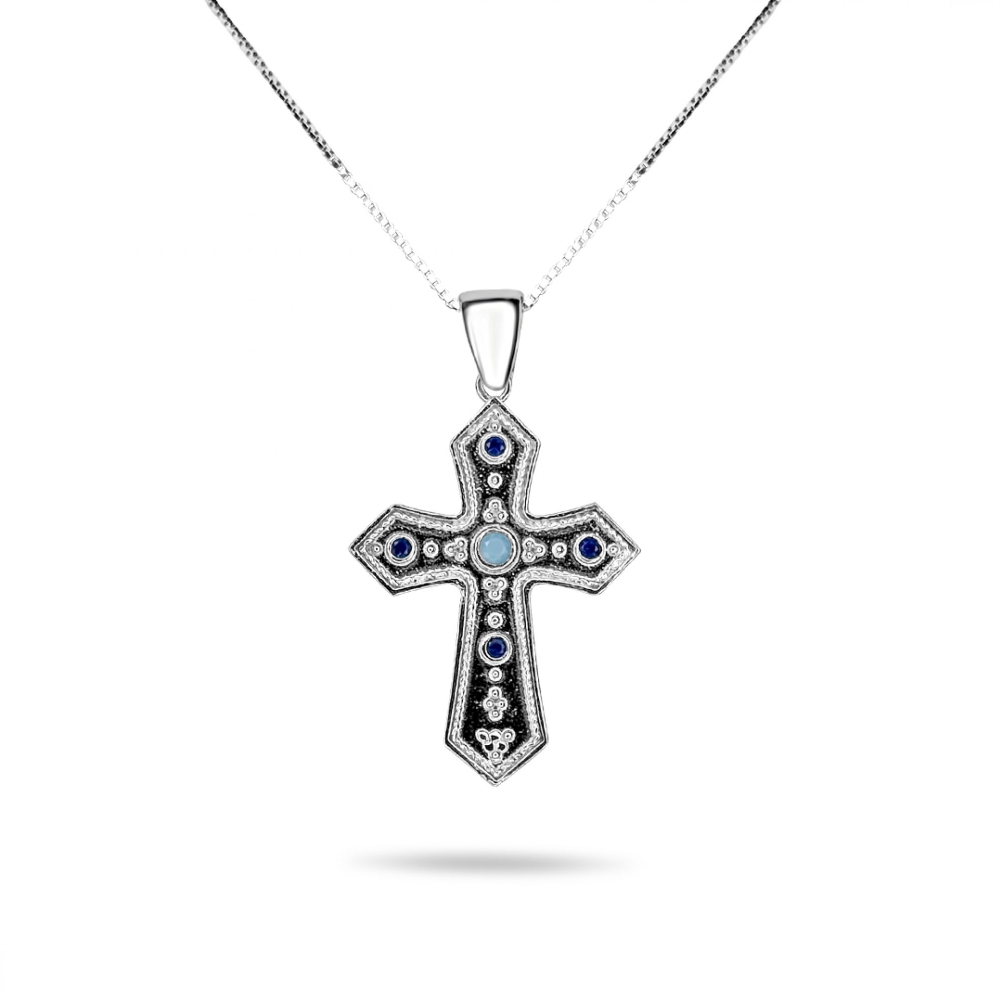 Cross necklace with turquoise and sapphire stones