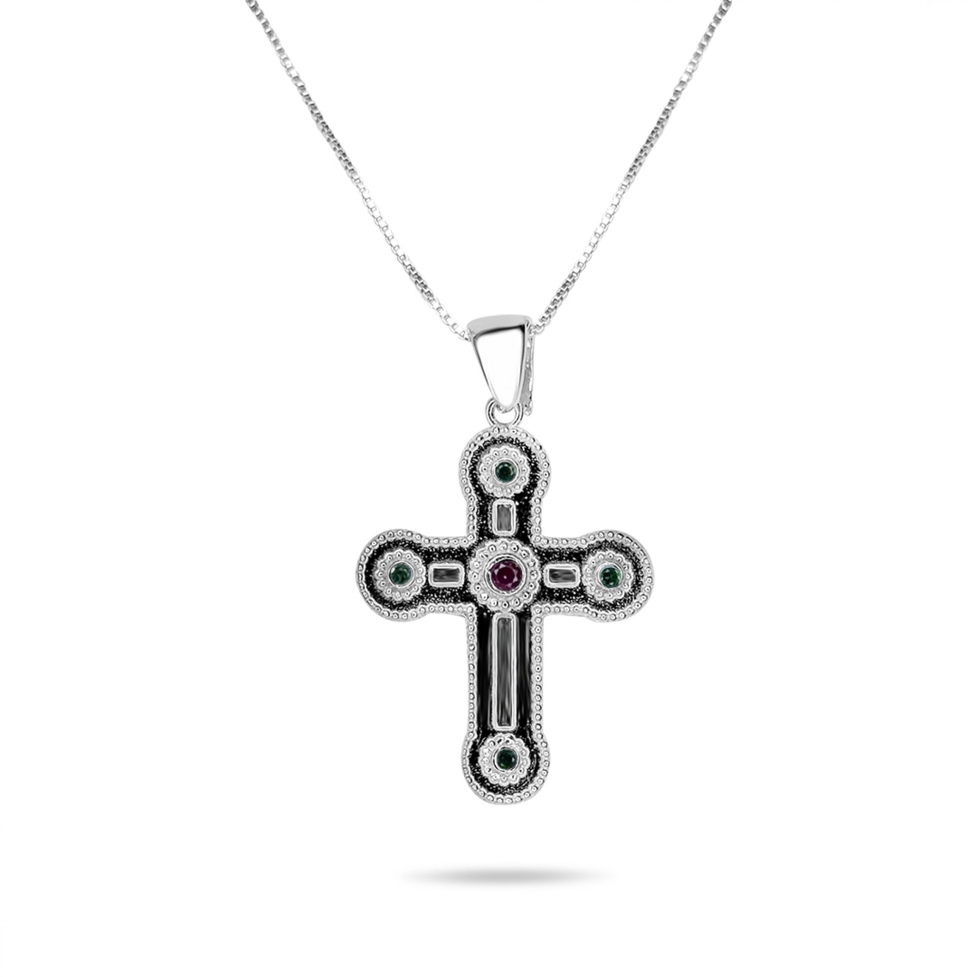Cross necklace with ruby and emerald stones