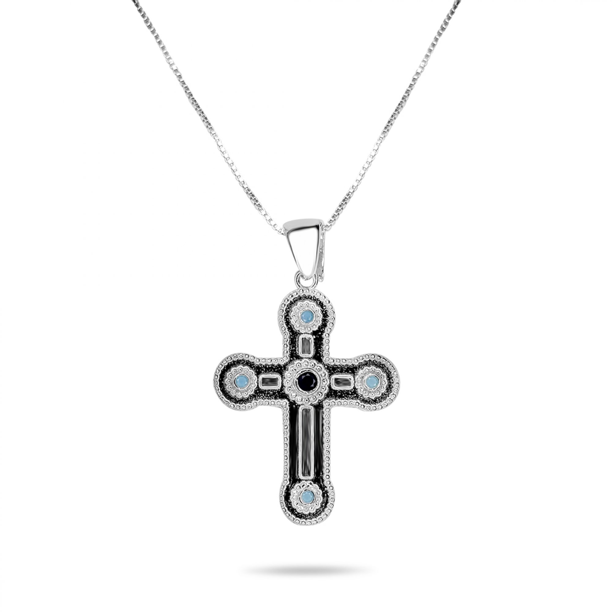 Cross necklace with sapphire and turquoise stones