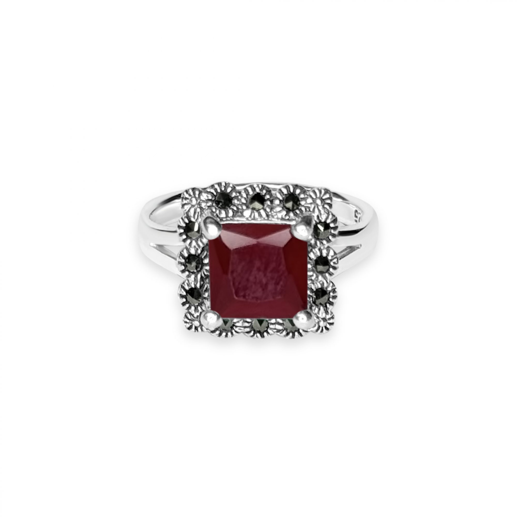 Ring with ruby stone and marcasites