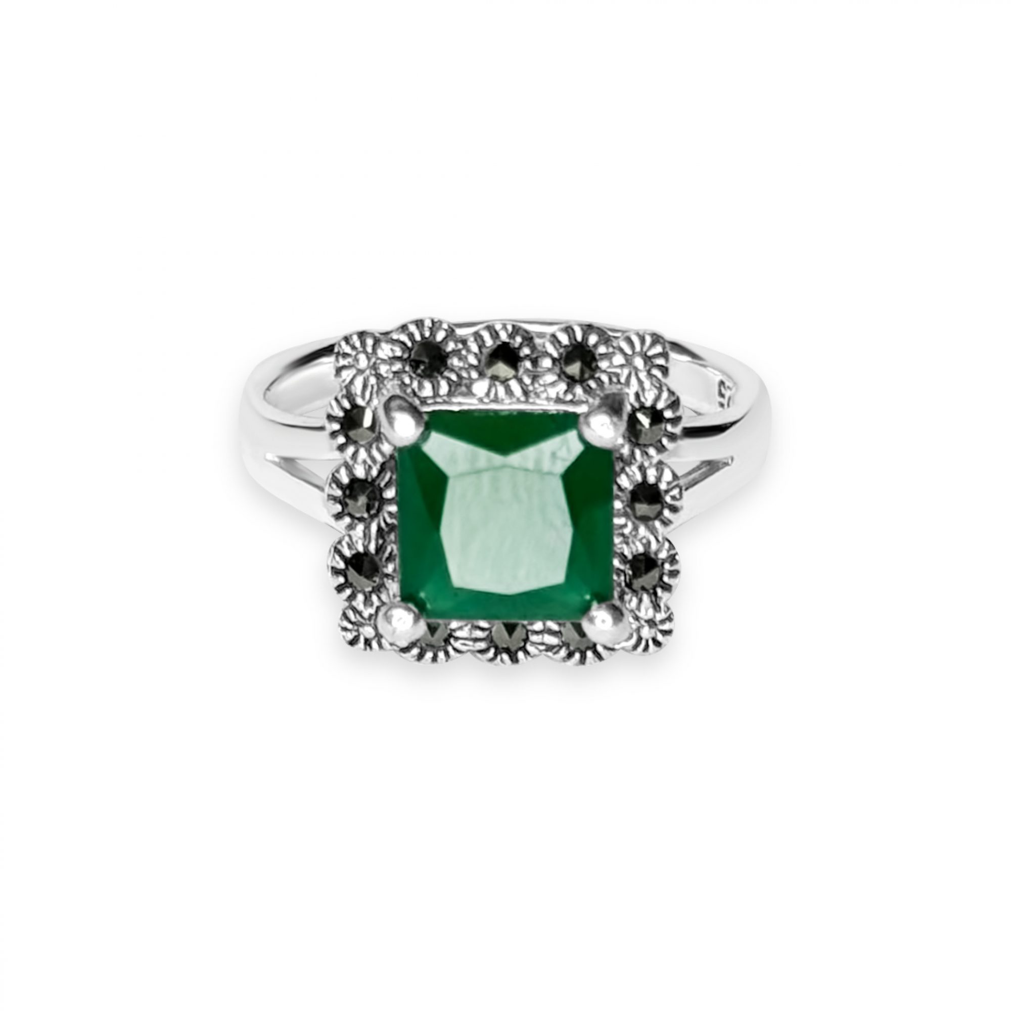 Ring with emerald stone and marcasites