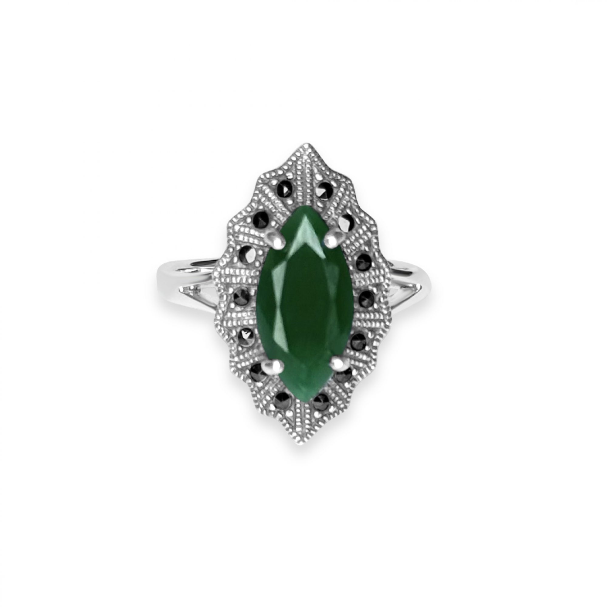 Ring with emerald stone and marcasites