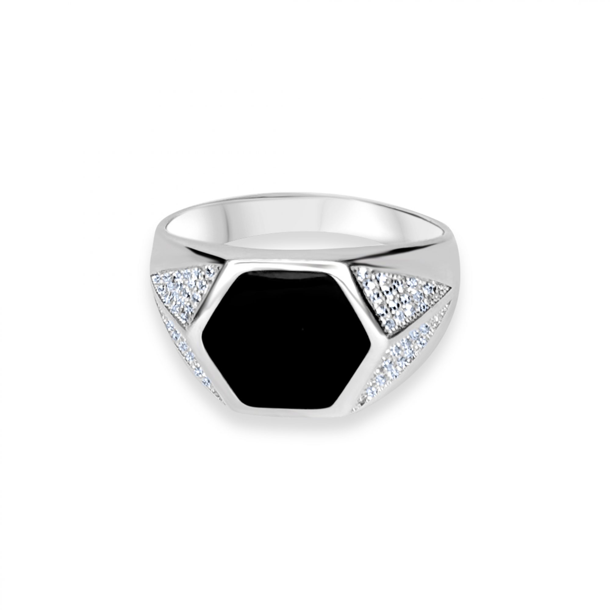 Silver ring with onyx and zircon stones