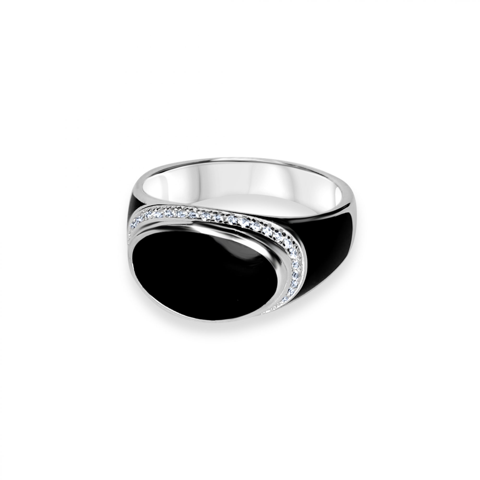 Silver ring with onyx and zircon stones