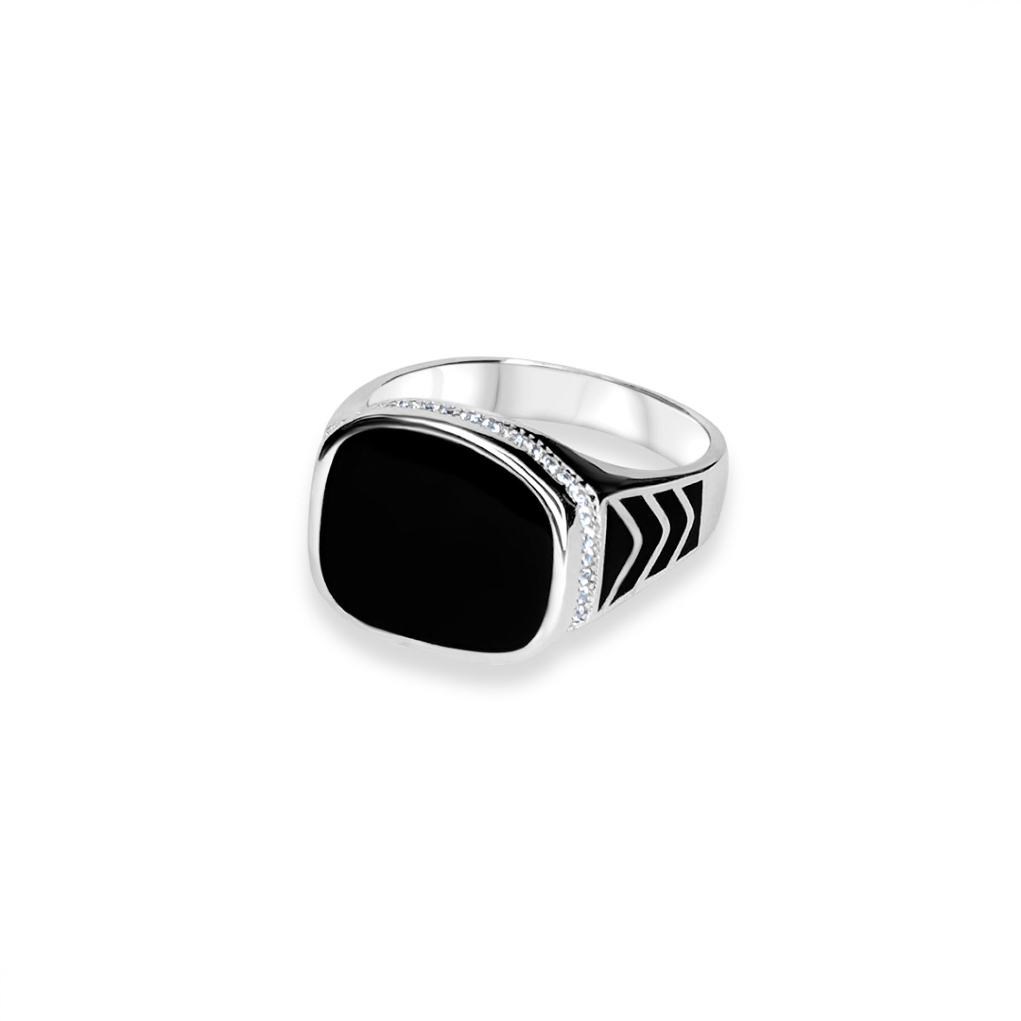 Silver ring with onyx and zircon stones