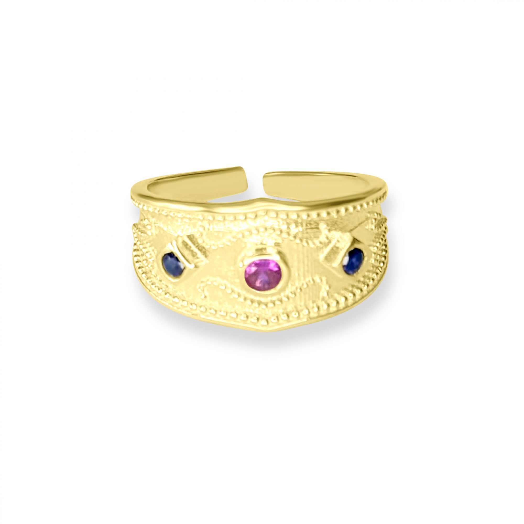Gold plated ring with ruby and sapphire stones