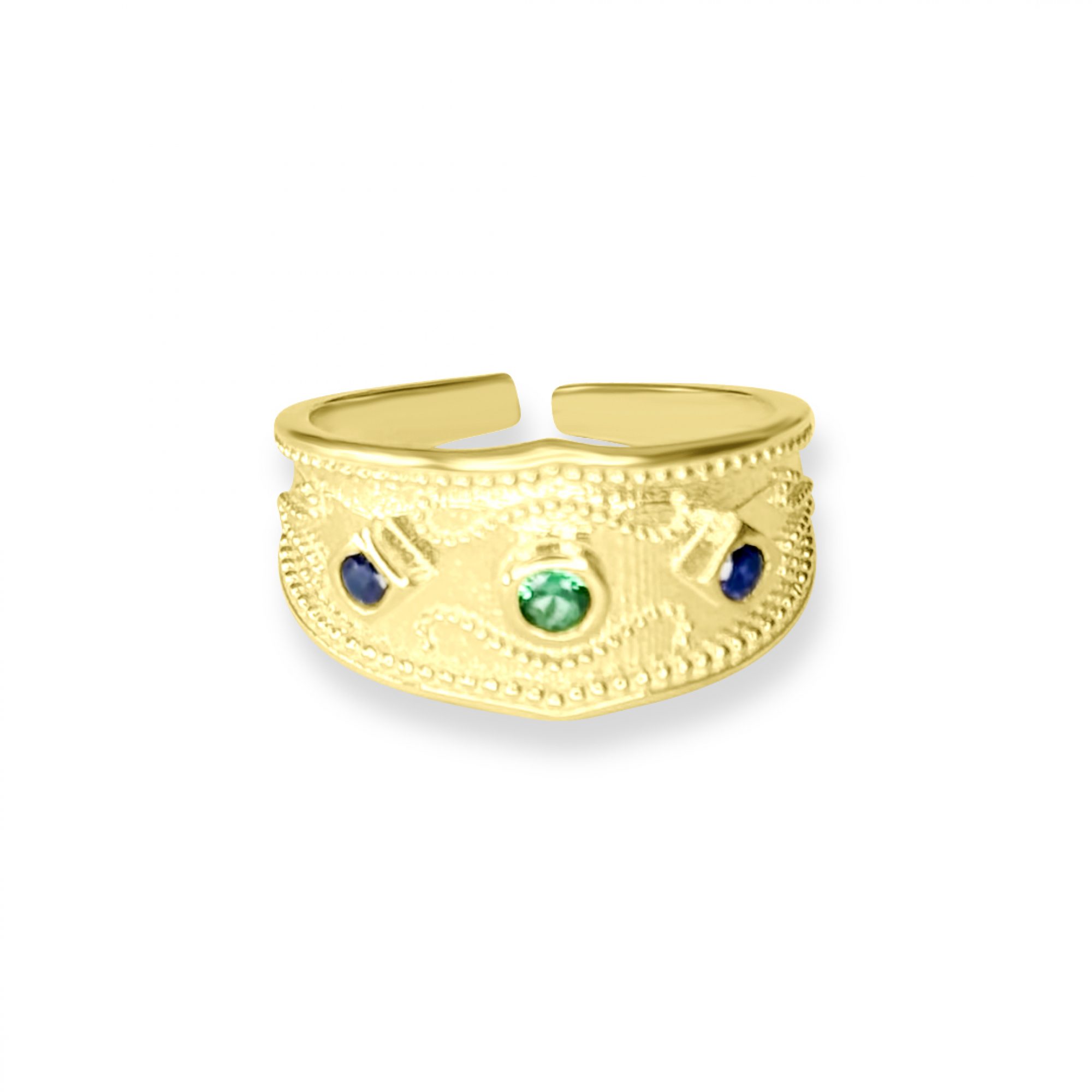 Gold plated ring with emerald and sapphire stones