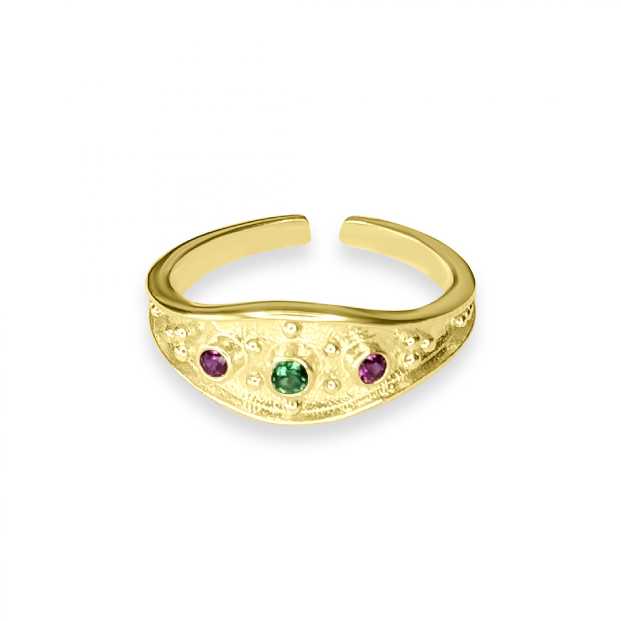 Gold plated ring with emerald and ruby stones